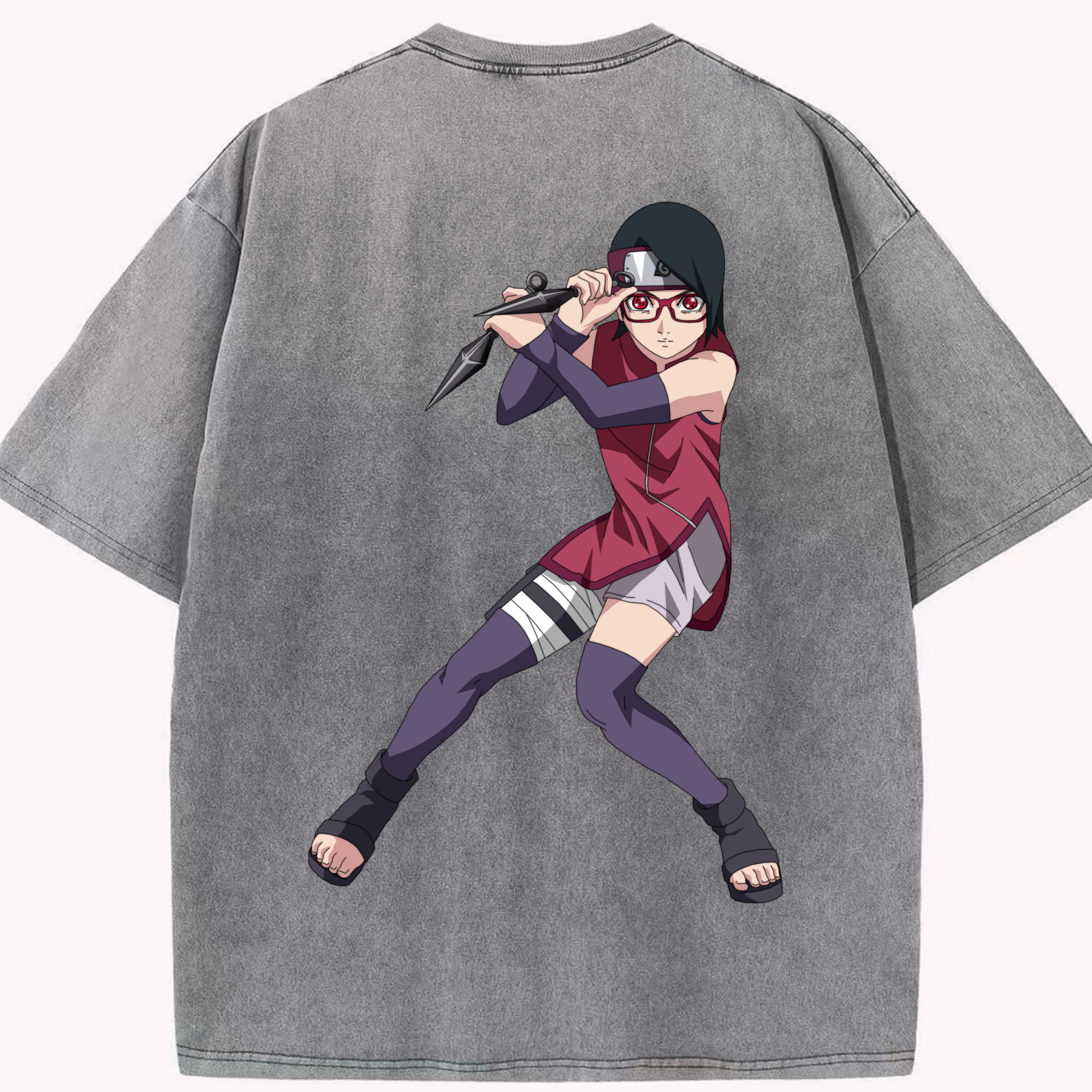 （画像用） NARUTO -ナルト- うちは サラダ Uchiha Sarada 綿100% ヴィンテージ風 半袖Tシャツ（背面プリント）