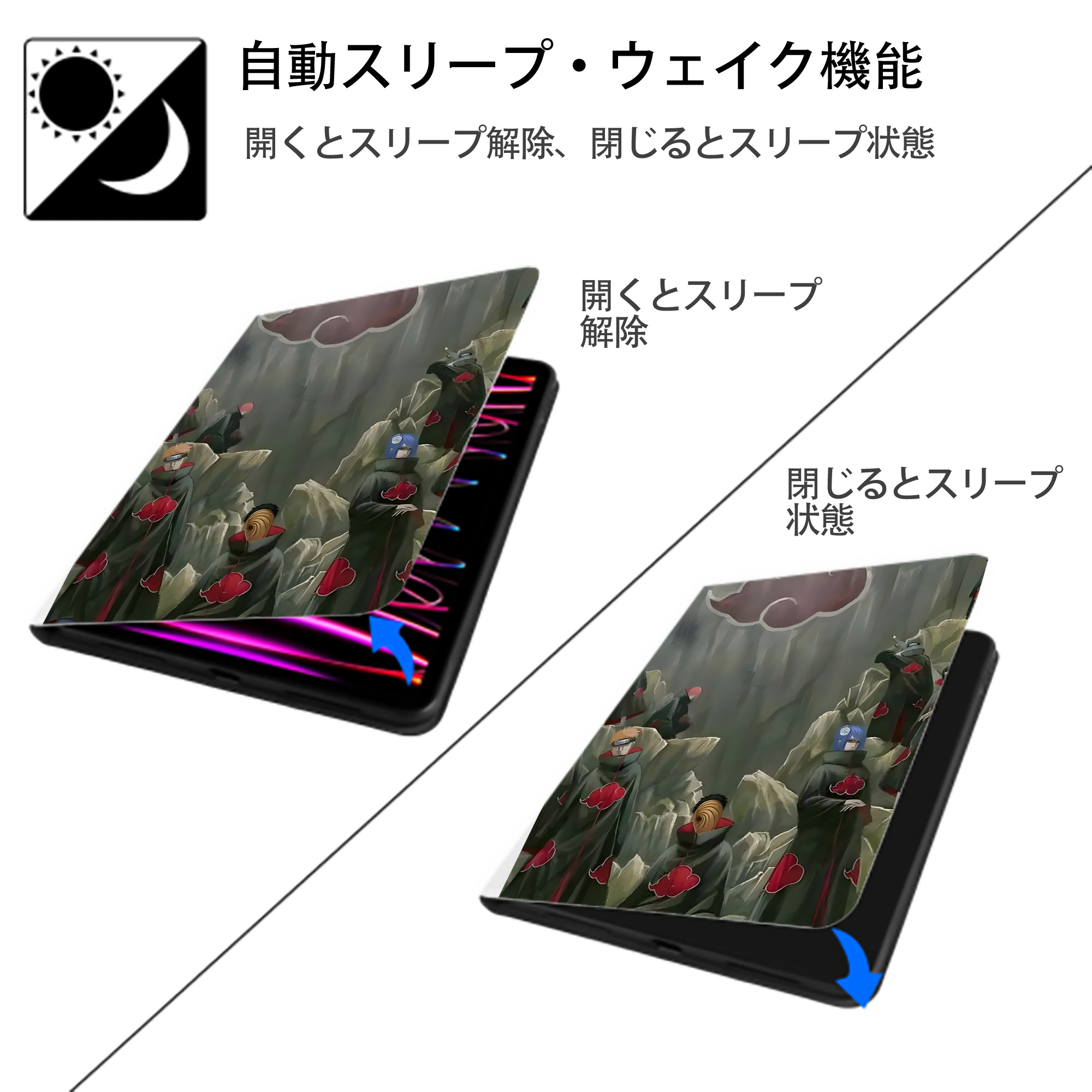 NARUTO -ナルト- NARUTO -ナルト- 疾風伝 IPad ケース ペン収納付き 三つ折りスタンド PUレザー×シリコン 対応機種9.5/10.5/10.9インチ