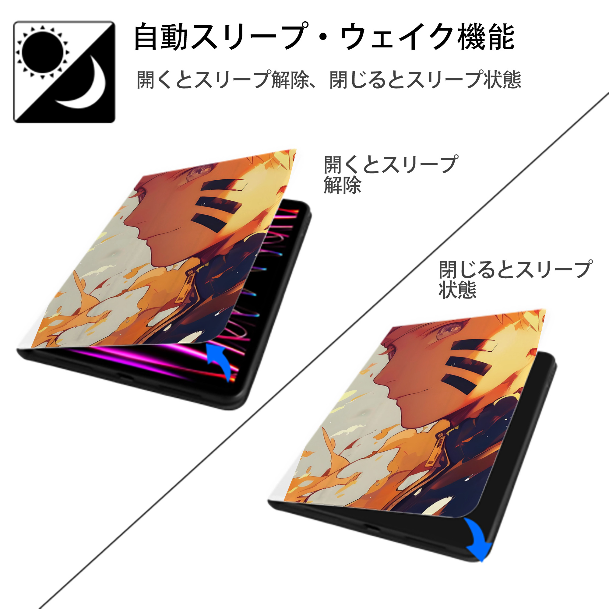 NARUTO -ナルト- NARUTO -ナルト- 疾風伝 IPad ケース ペン収納付き 三つ折りスタンド PUレザー×シリコン 対応機種9.5/10.5/10.9インチ