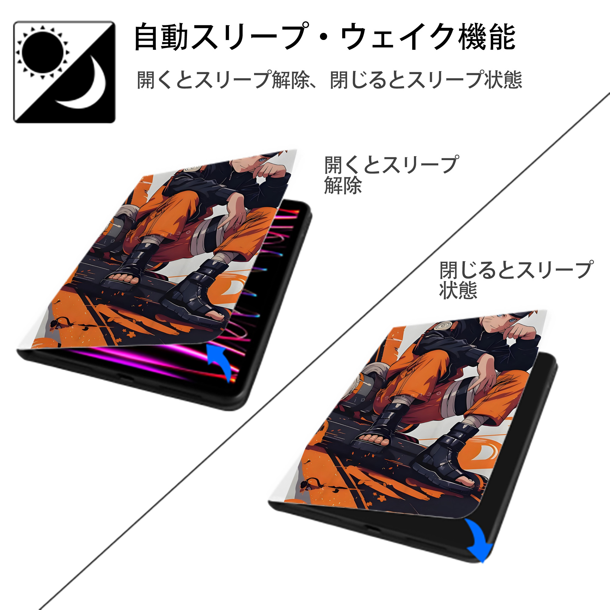 NARUTO -ナルト- NARUTO -ナルト- 疾風伝 IPad ケース ペン収納付き 三つ折りスタンド PUレザー×シリコン 対応機種9.5/10.5/10.9インチ