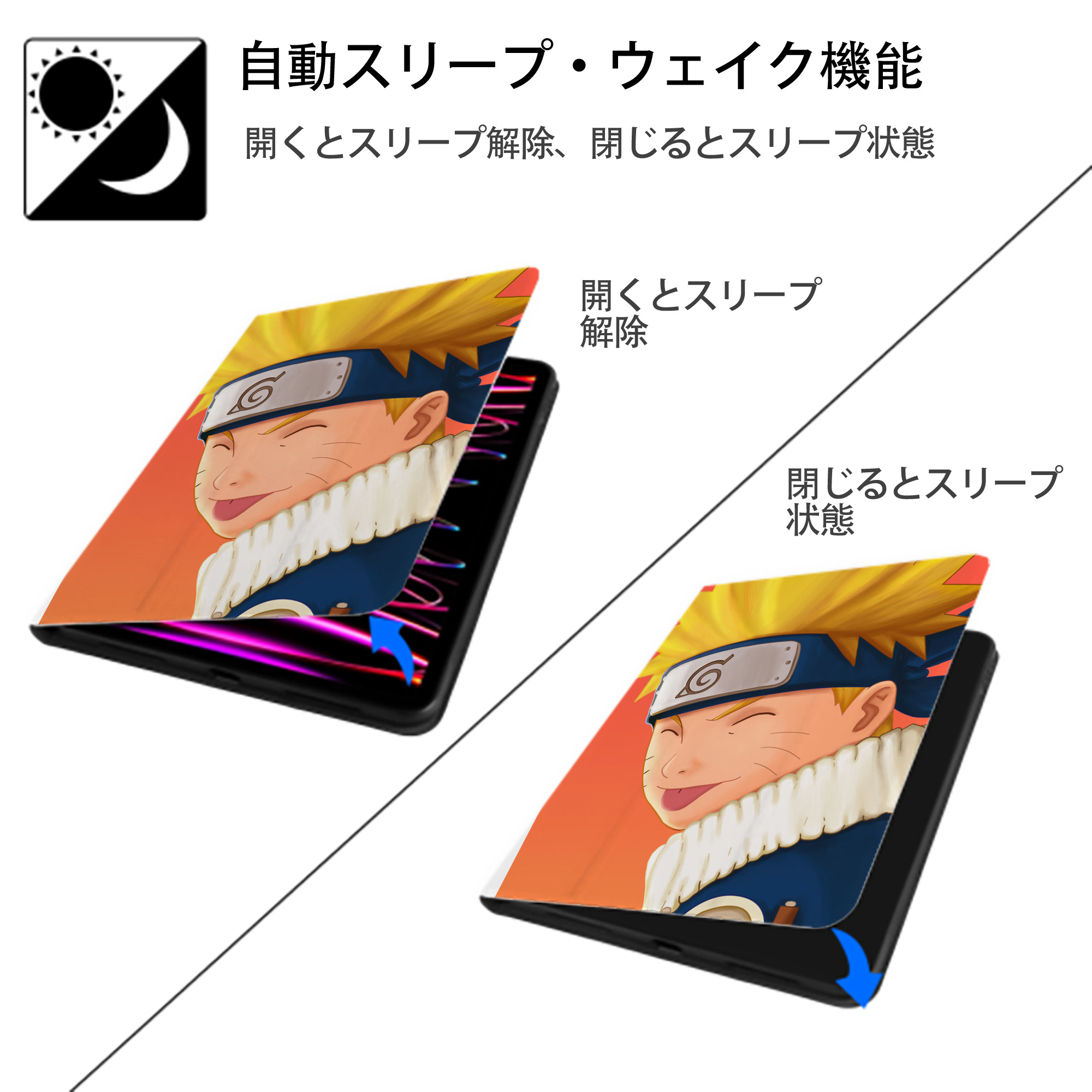 NARUTO -ナルト- NARUTO -ナルト- 疾風伝 IPad ケース ペン収納付き 三つ折りスタンド PUレザー×シリコン 対応機種9.5/10.5/10.9インチ