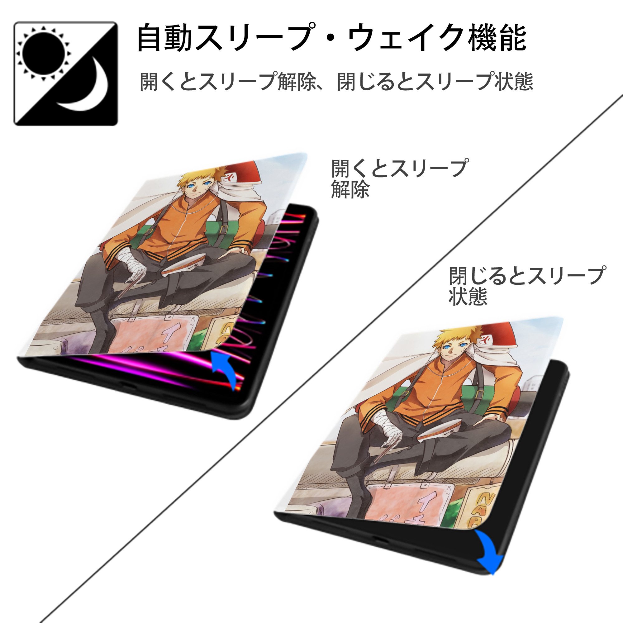 NARUTO -ナルト- NARUTO -ナルト- 疾風伝 IPad ケース ペン収納付き 三つ折りスタンド PUレザー×シリコン 対応機種9.5/10.5/10.9インチ