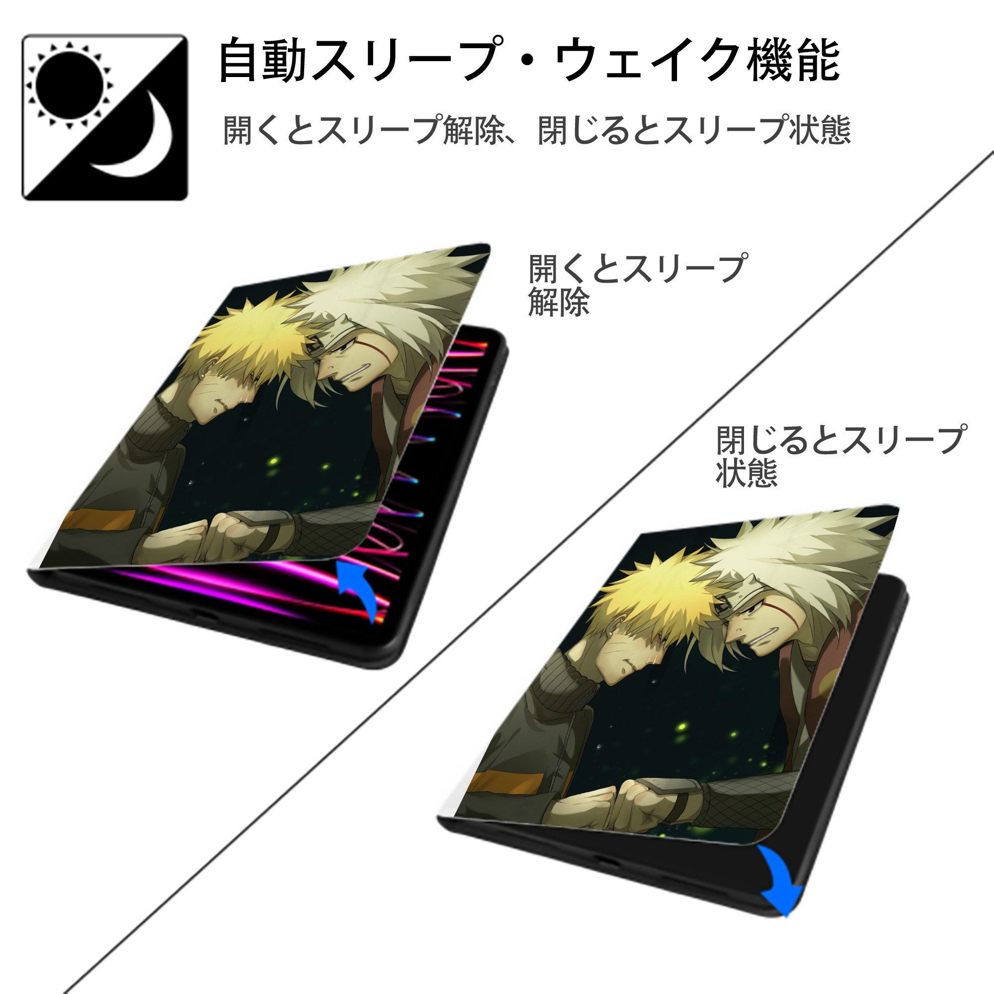 NARUTO -ナルト- NARUTO -ナルト- 疾風伝 IPad ケース ペン収納付き 三つ折りスタンド PUレザー×シリコン 対応機種9.5/10.5/10.9インチ