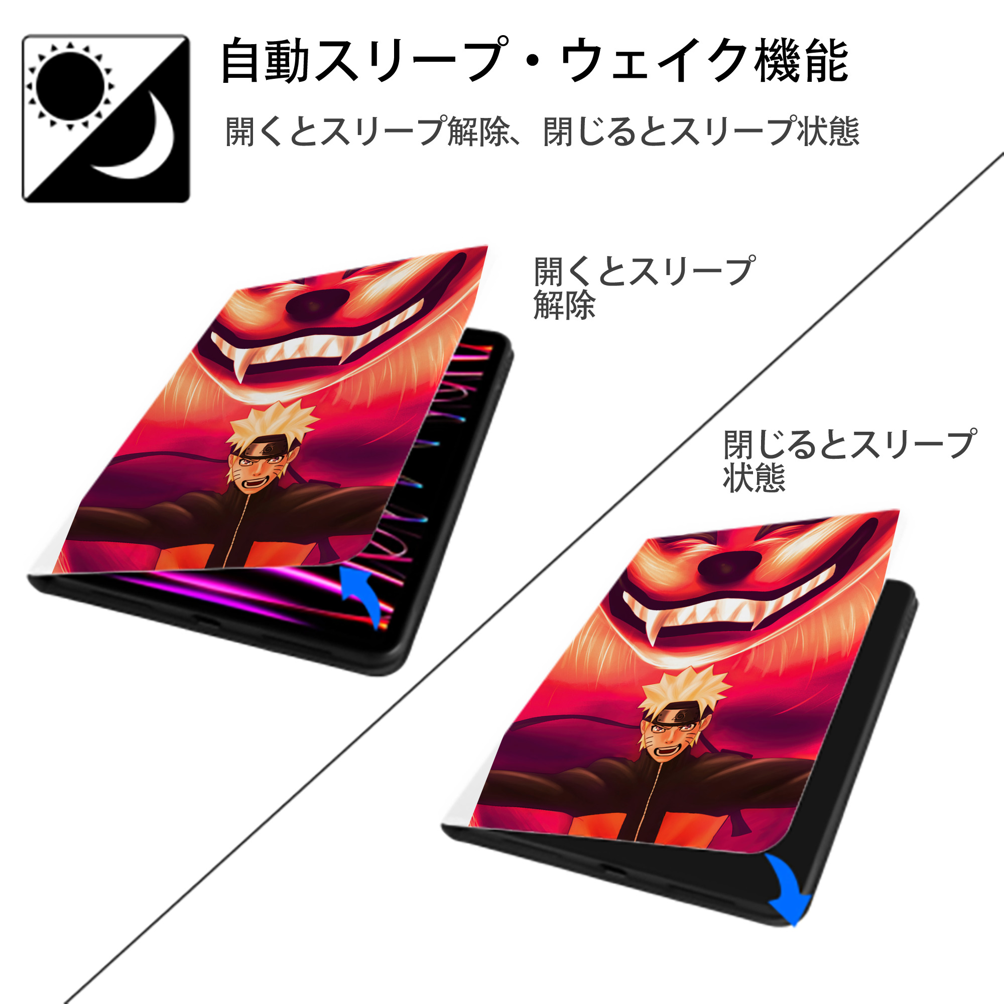 NARUTO -ナルト- NARUTO -ナルト- 疾風伝 IPad ケース ペン収納付き 三つ折りスタンド PUレザー×シリコン 対応機種9.5/10.5/10.9インチ