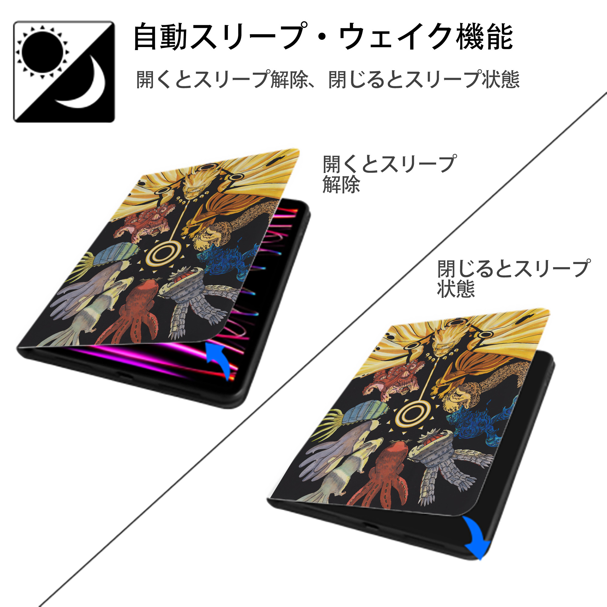NARUTO -ナルト- NARUTO -ナルト- 疾風伝 IPad ケース ペン収納付き 三つ折りスタンド PUレザー×シリコン 対応機種9.5/10.5/10.9インチ