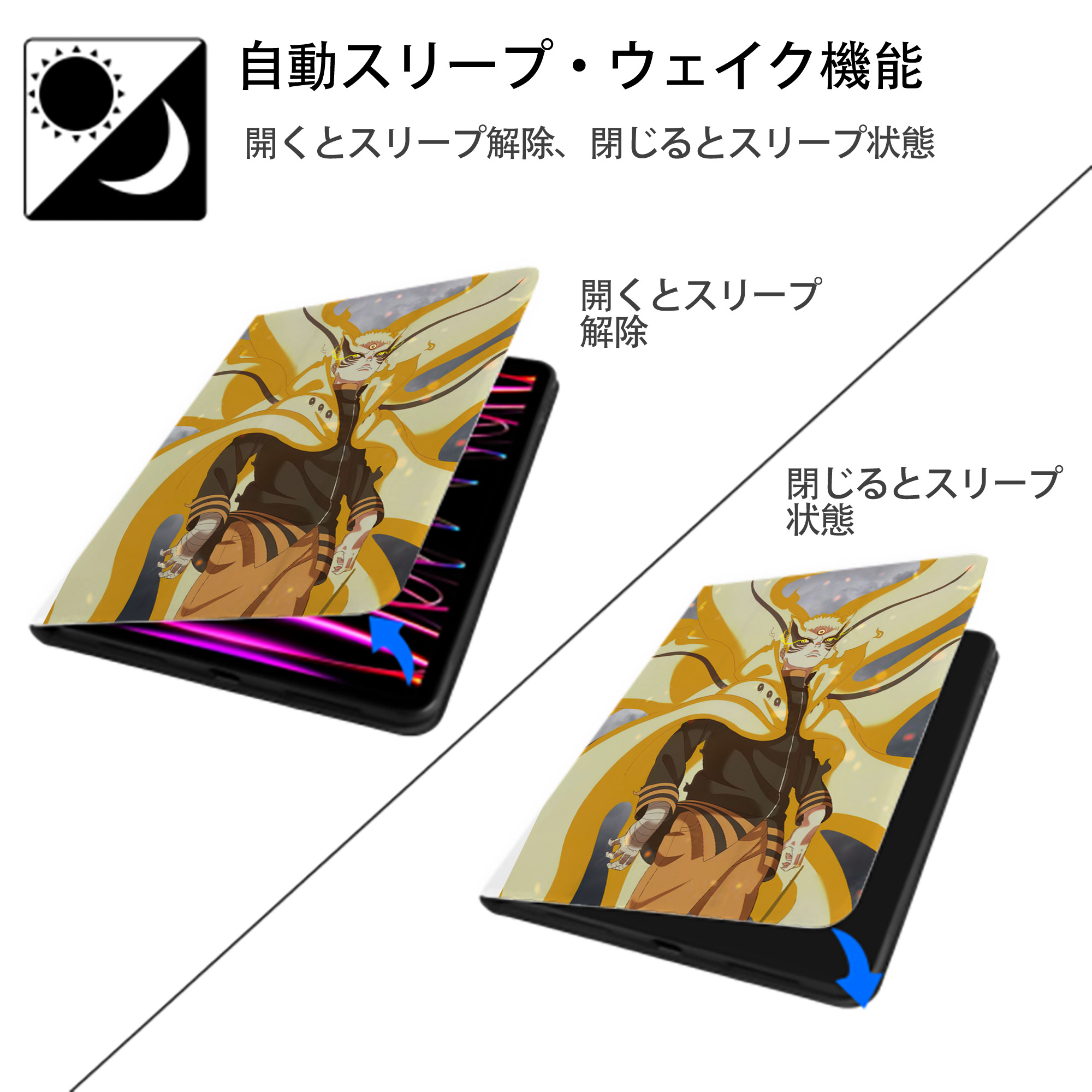 NARUTO -ナルト- NARUTO -ナルト- 疾風伝 IPad ケース ペン収納付き 三つ折りスタンド PUレザー×シリコン 対応機種9.5/10.5/10.9インチ