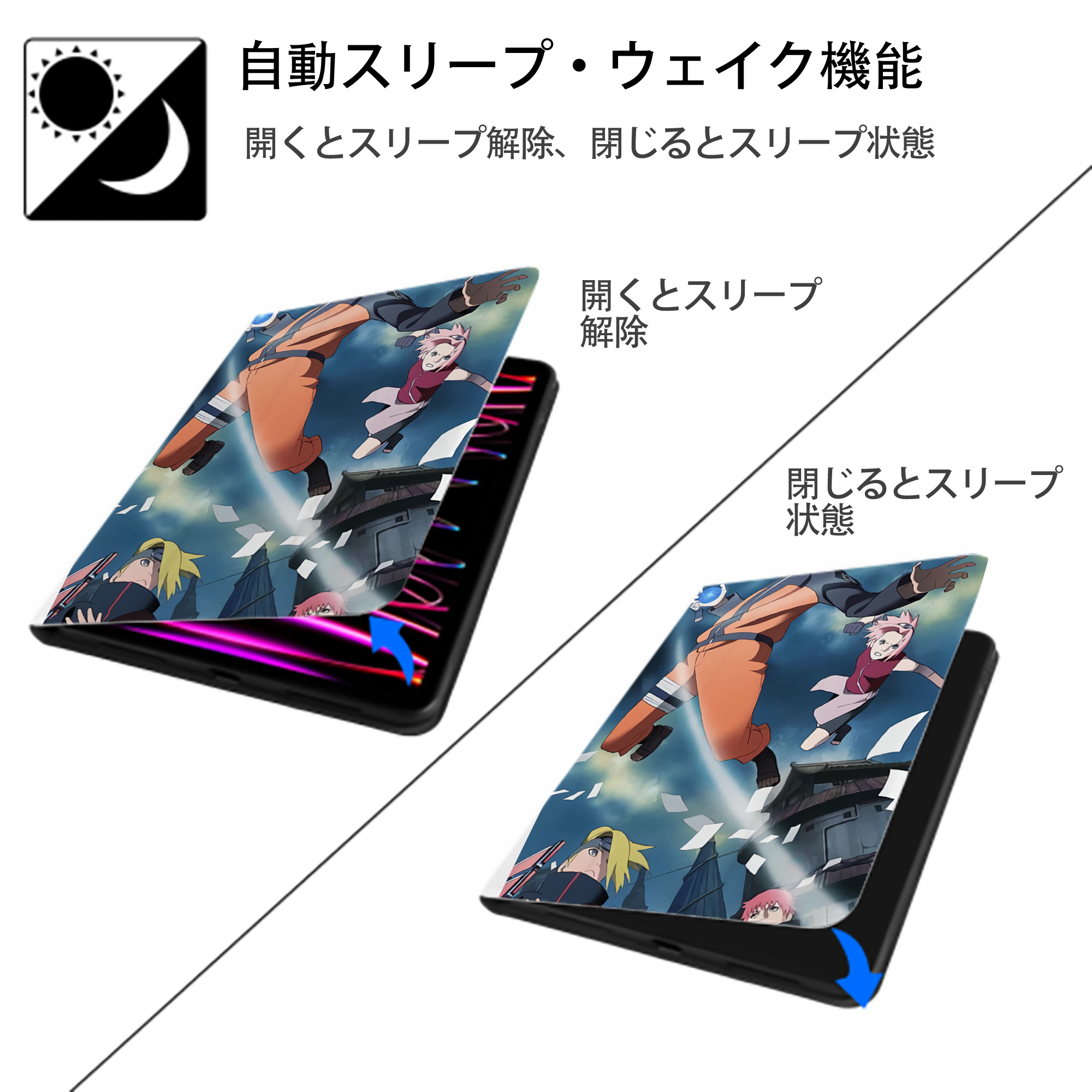 NARUTO -ナルト- NARUTO -ナルト- 疾風伝 IPad ケース ペン収納付き 三つ折りスタンド PUレザー×シリコン 対応機種9.5/10.5/10.9インチ