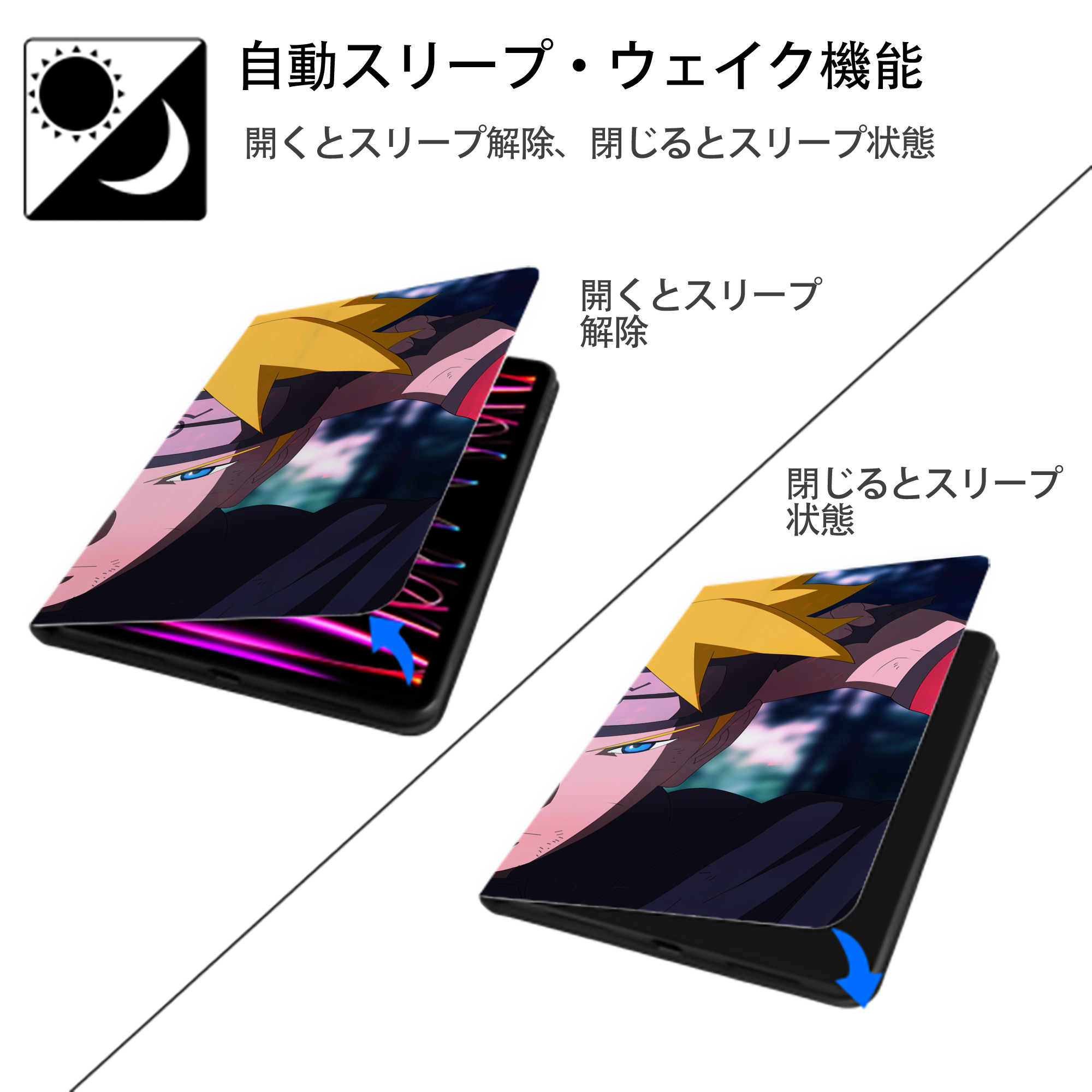 NARUTO -ナルト- NARUTO -ナルト- 疾風伝 IPad ケース ブック型 PUレザー TPU 耐衝撃 軽量 薄型 ペン収納なし 全面保護 IPad 各モデル対応