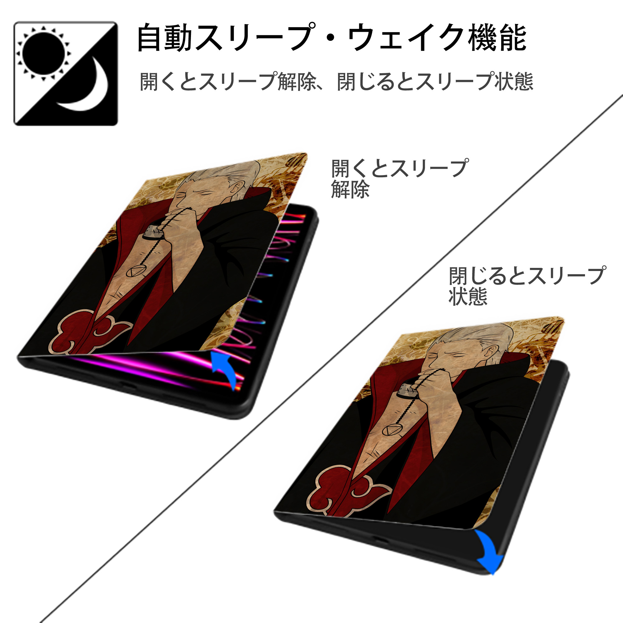 NARUTO -ナルト- NARUTO -ナルト- 疾風伝 IPad ケース ブック型 PUレザー TPU 耐衝撃 軽量 薄型 ペン収納なし 全面保護 IPad 各モデル対応