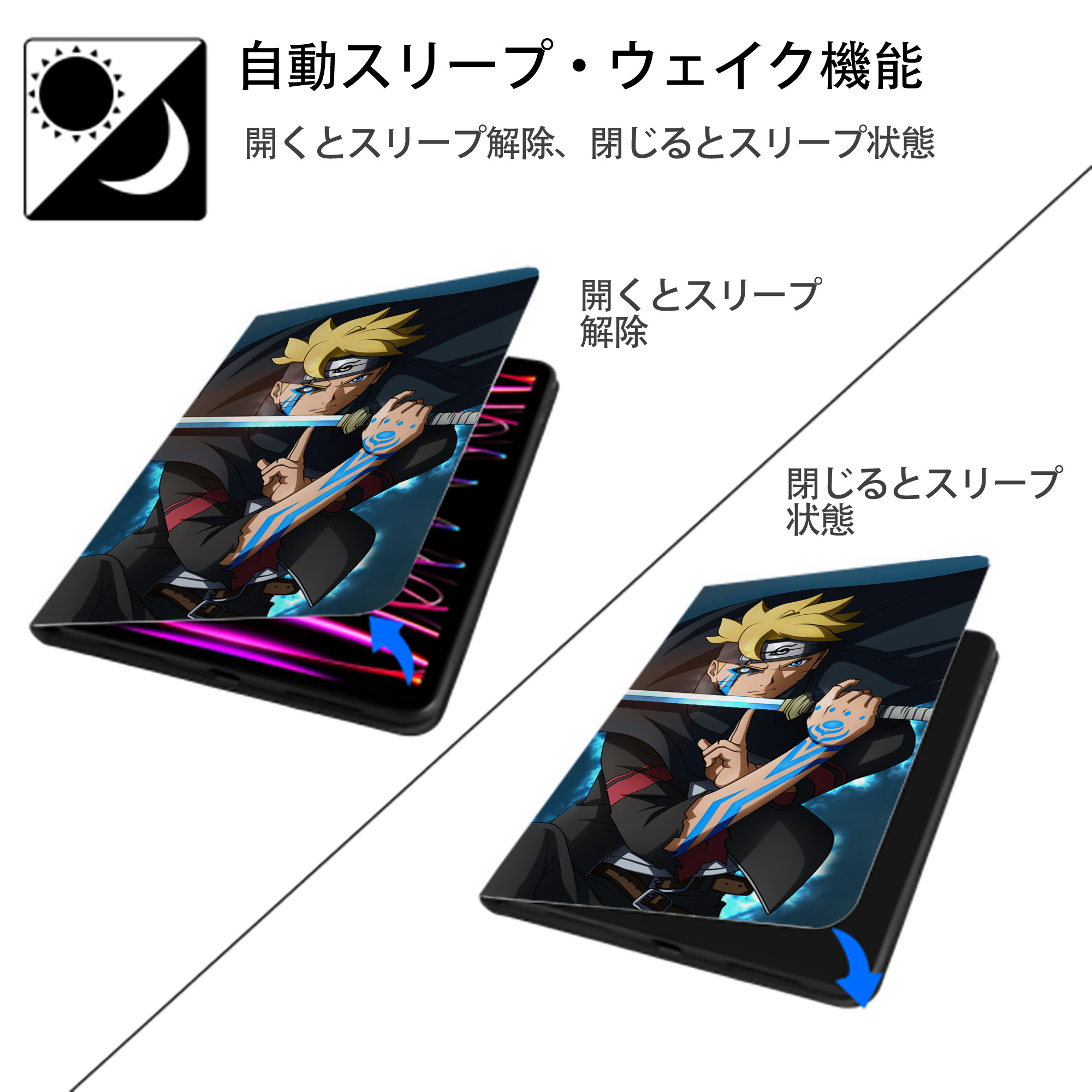 NARUTO -ナルト- NARUTO -ナルト- 疾風伝 IPad ケース ブック型 PUレザー TPU 耐衝撃 軽量 薄型 ペン収納なし 全面保護 IPad 各モデル対応