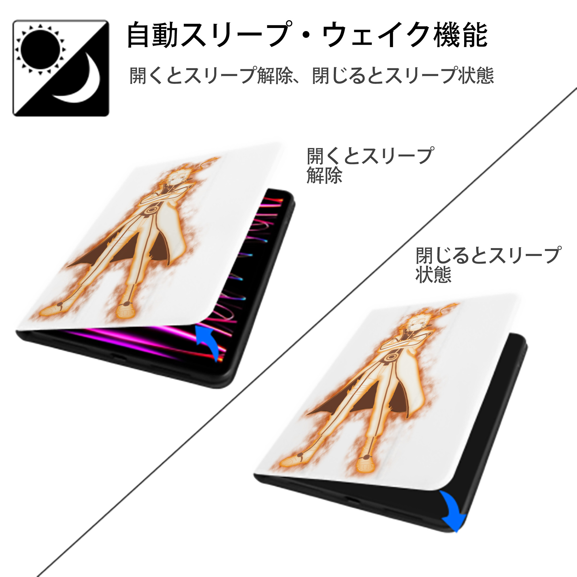 NARUTO -ナルト- うずまき ナルト Uzumaki Naruto IPad ケース ペン収納付き 三つ折りスタンド PUレザー×シリコン 対応機種9.5/10.5/10.9インチ