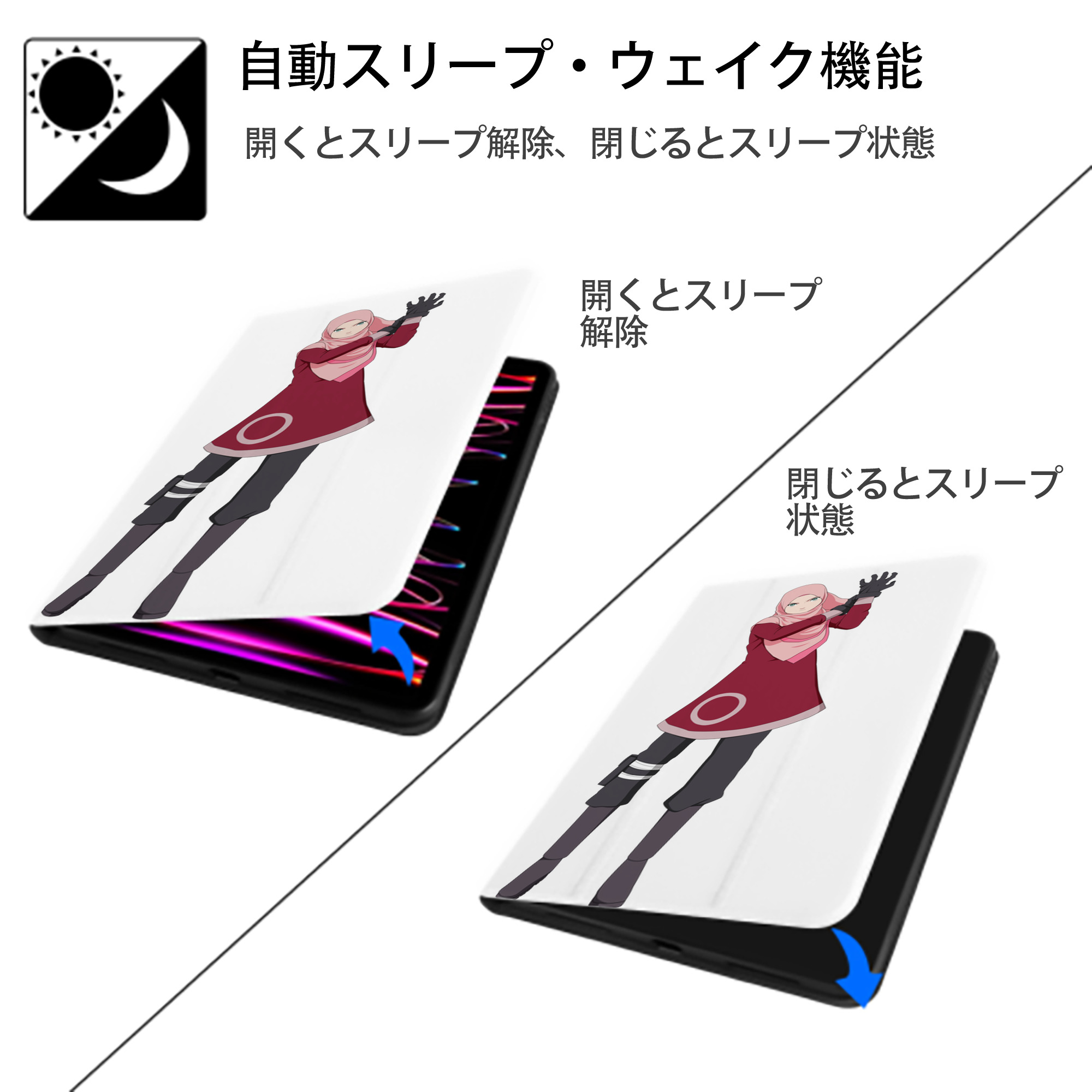 NARUTO -ナルト- 春野サクラ Haruno Sakura IPad ケース ペン収納付き 三つ折りスタンド PUレザー×シリコン 対応機種9.5/10.5/10.9インチ
