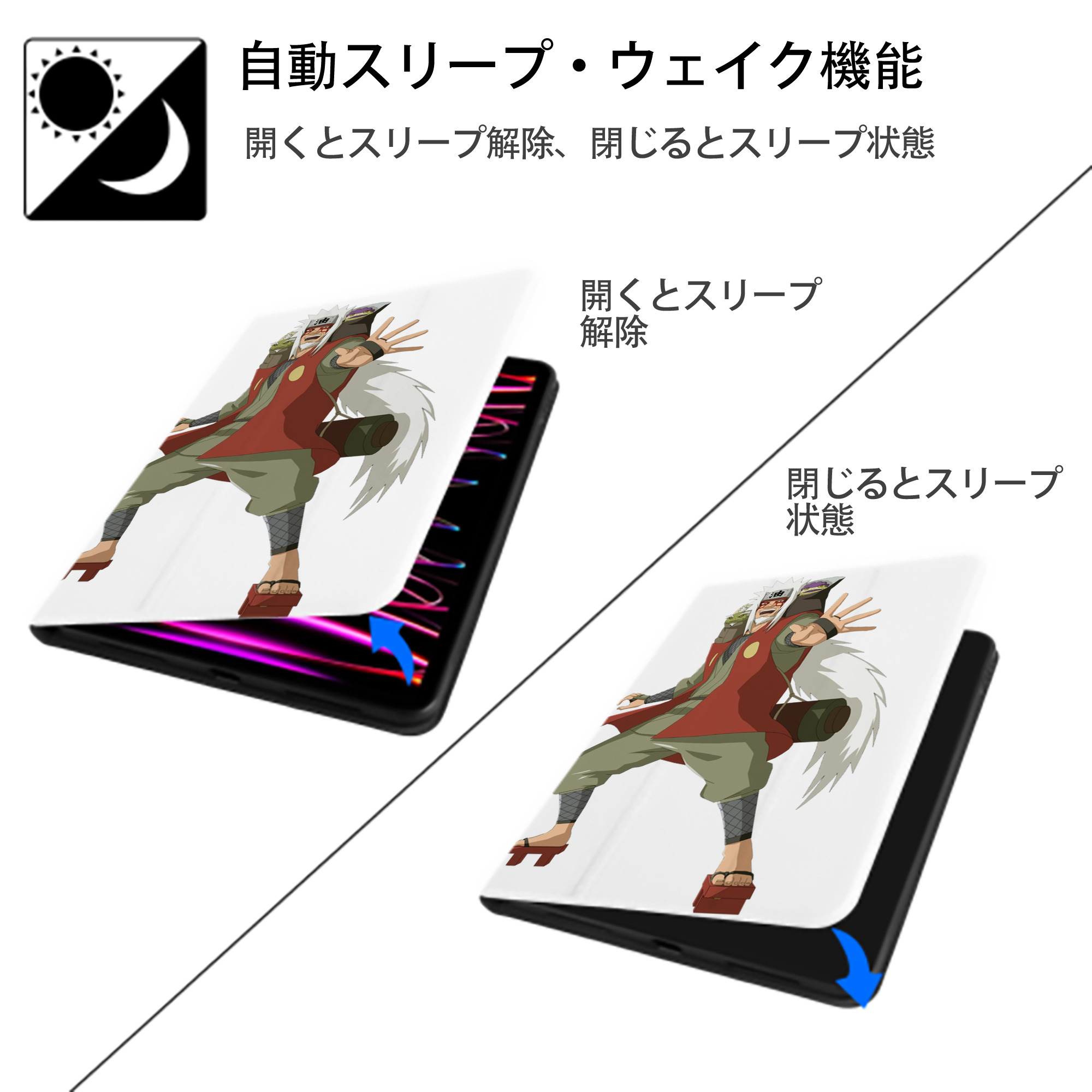 NARUTO -ナルト- 自来也（じらいや） Jiraiya IPad ケース ペン収納付き 三つ折りスタンド PUレザー×シリコン 対応機種9.5/10.5/10.9インチ