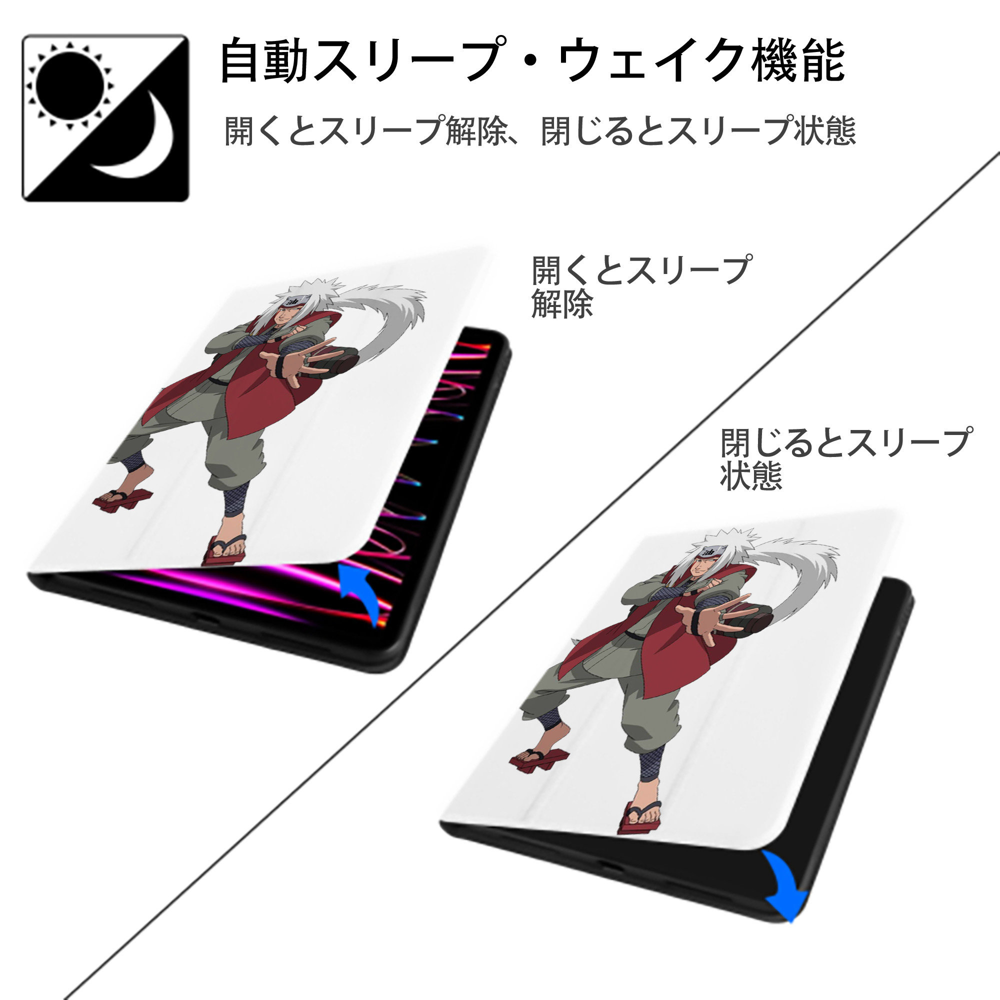 NARUTO -ナルト- 自来也（じらいや） Jiraiya IPad ケース ペン収納付き 三つ折りスタンド PUレザー×シリコン 対応機種9.5/10.5/10.9インチ