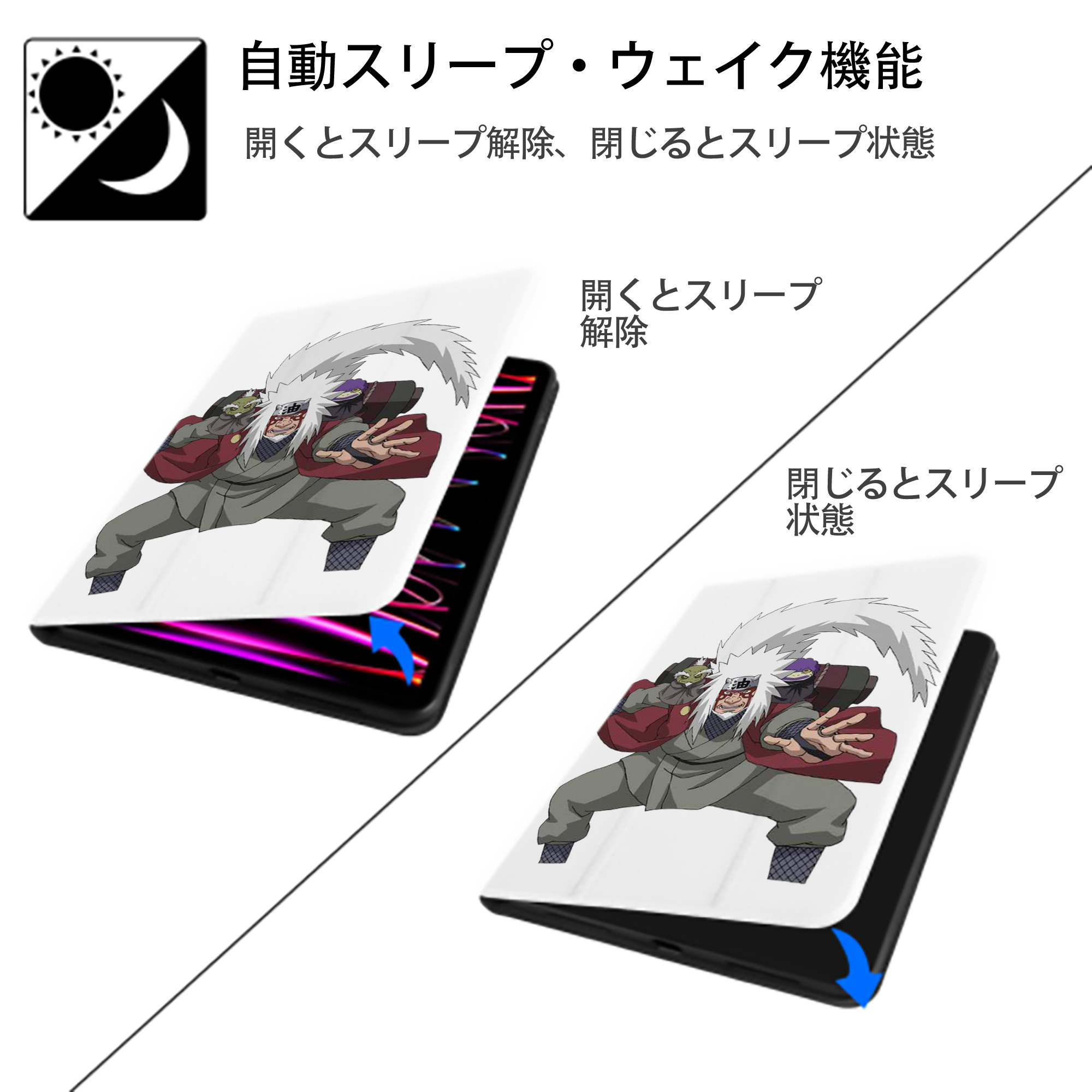NARUTO -ナルト- 自来也（じらいや） Jiraiya IPad ケース ペン収納付き 三つ折りスタンド PUレザー×シリコン 対応機種9.5/10.5/10.9インチ