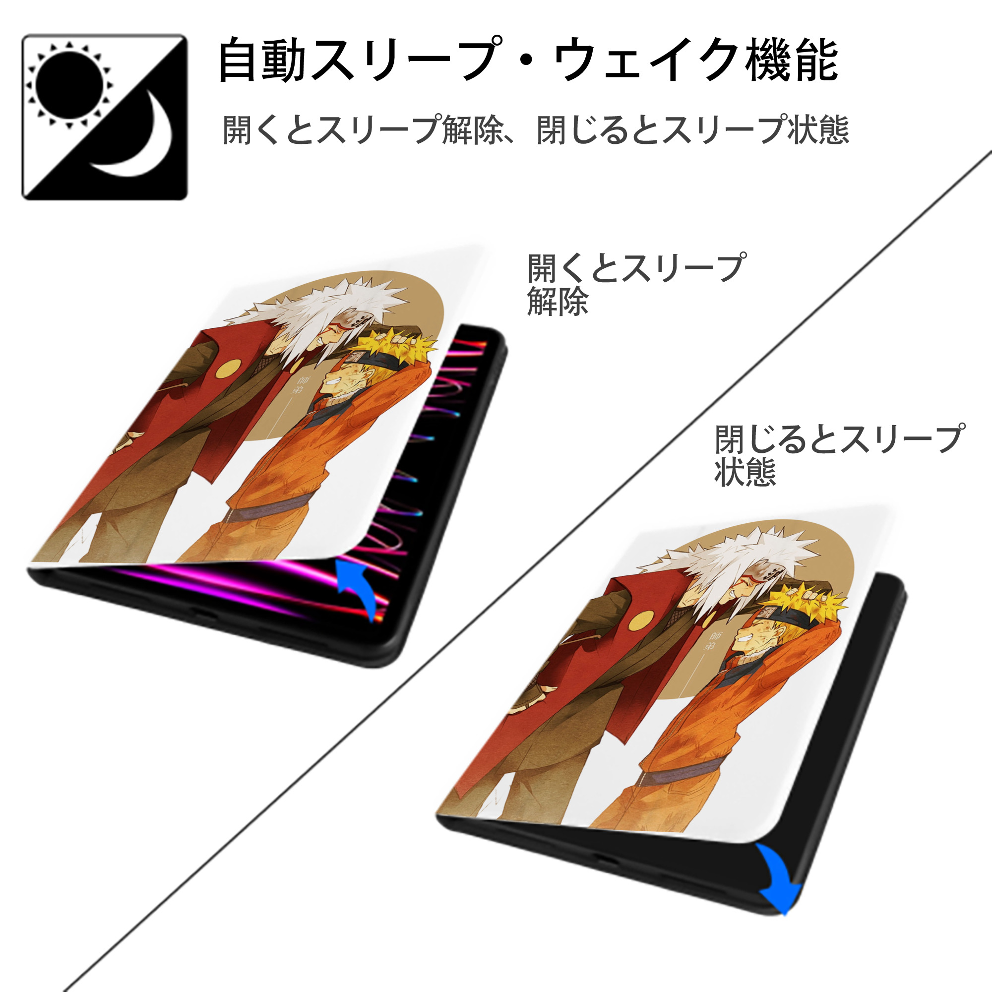 NARUTO -ナルト- 自来也（じらいや） Jiraiya IPad ケース ペン収納付き 三つ折りスタンド PUレザー×シリコン 対応機種9.5/10.5/10.9インチ