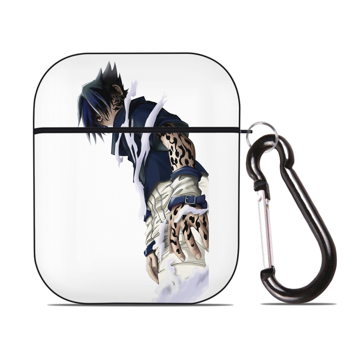 （画像用） NARUTO -ナルト- うちは サスケ Uchiha Sasuke AirPods 第2世代保護ケース ハードシェル ブラック 耐衝撃・防指紋・カラビナ付き