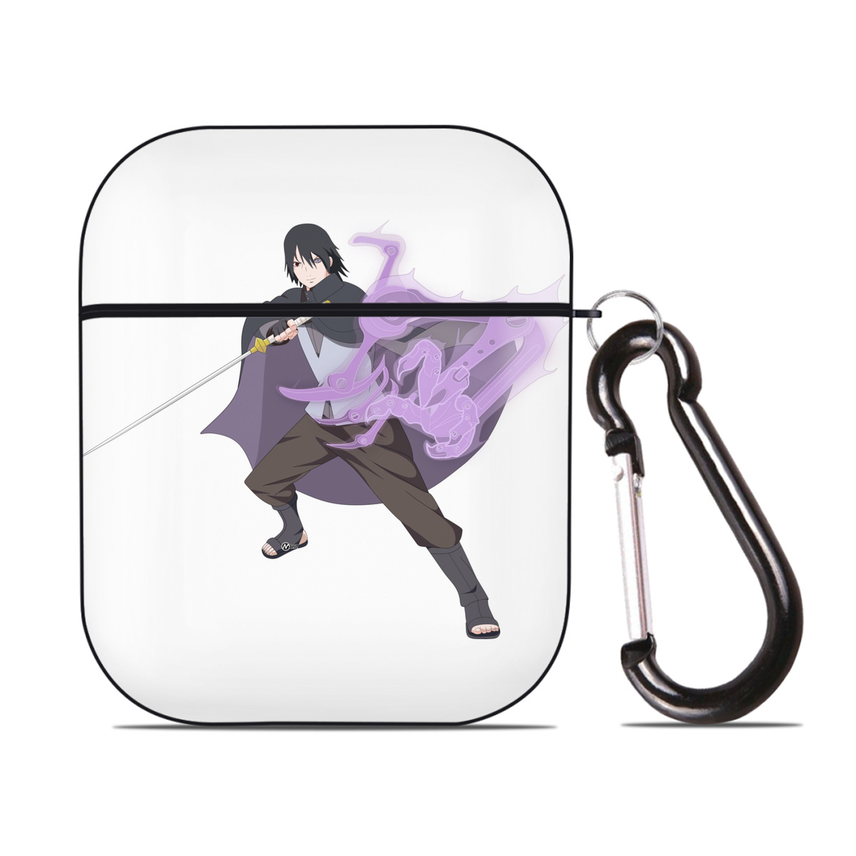 （画像用） NARUTO -ナルト- うちは サスケ Uchiha Sasuke AirPods 第2世代保護ケース ハードシェル ブラック 耐衝撃・防指紋・カラビナ付き