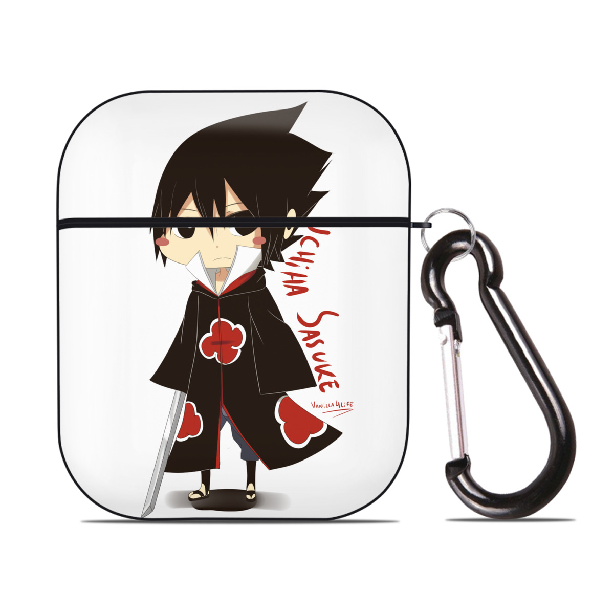 （画像用） NARUTO -ナルト- うちは サスケ Uchiha Sasuke AirPods 第2世代保護ケース ハードシェル ブラック 耐衝撃・防指紋・カラビナ付き