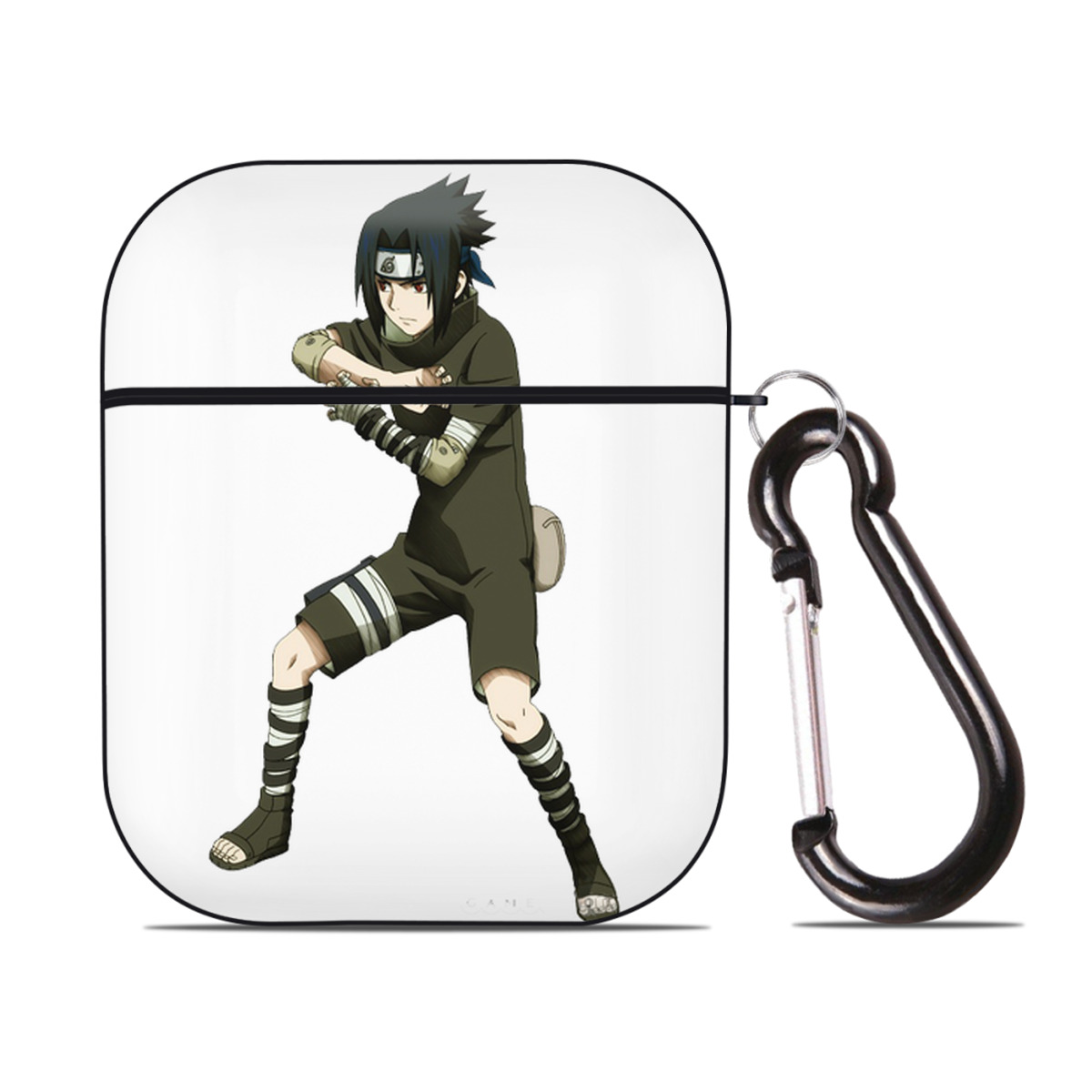 （画像用） NARUTO -ナルト- うちは サスケ Uchiha Sasuke AirPods 第2世代保護ケース ハードシェル ブラック 耐衝撃・防指紋・カラビナ付き