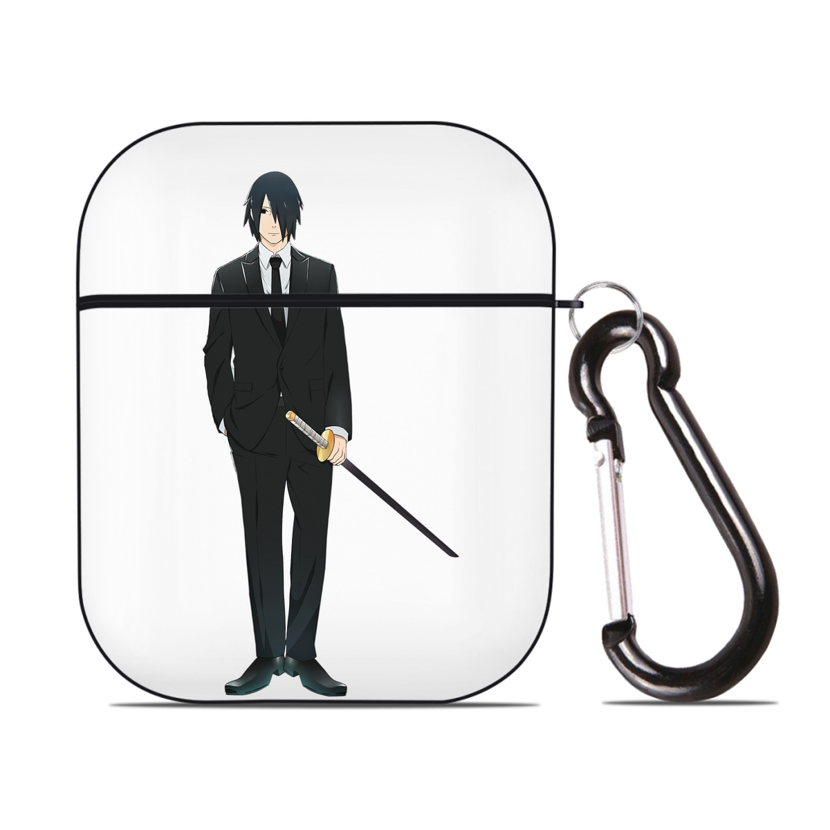 （画像用） NARUTO -ナルト- うちは サスケ Uchiha Sasuke AirPods 第2世代保護ケース ハードシェル ブラック 耐衝撃・防指紋・カラビナ付き