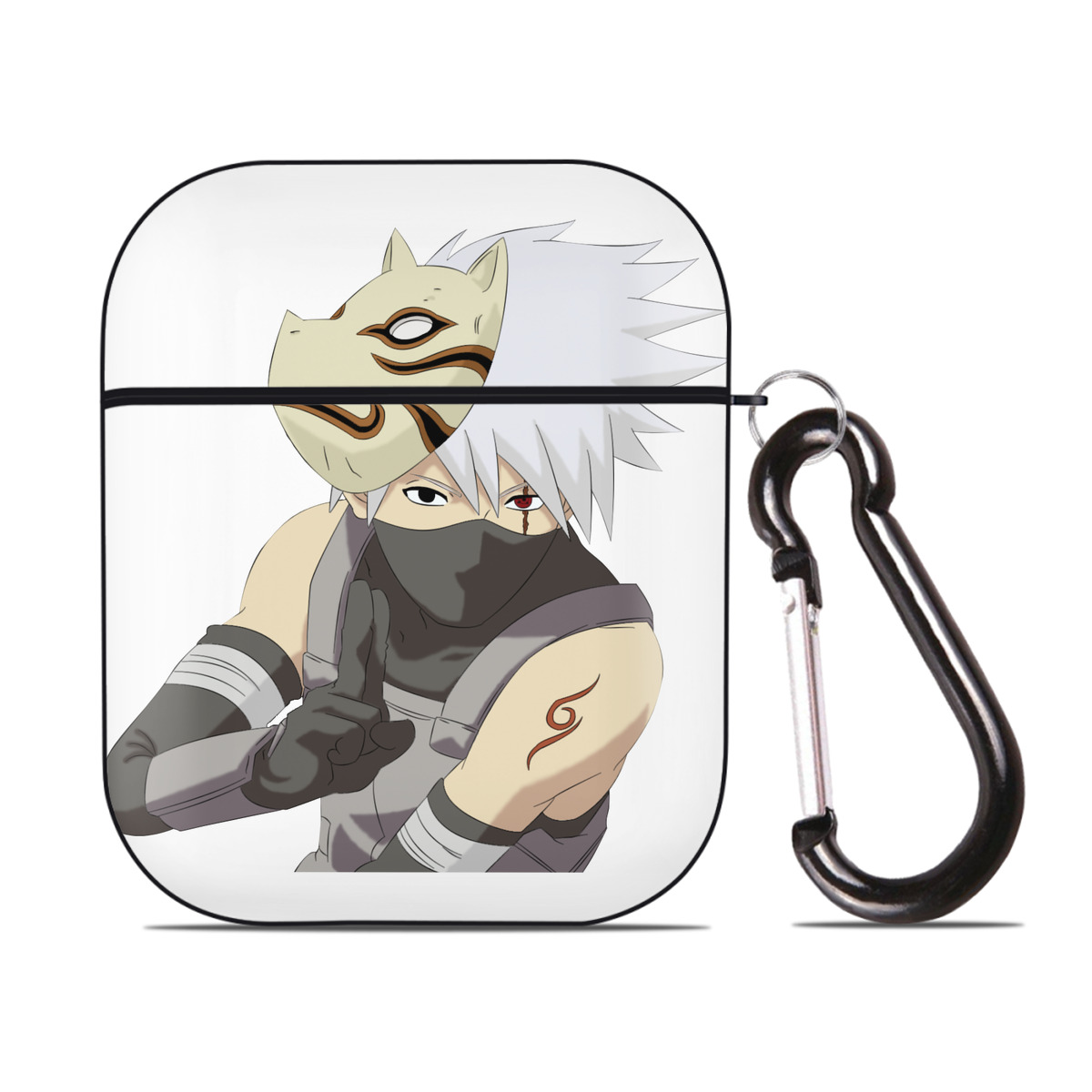 （画像用） NARUTO -ナルト- はたけ カカシ Hatake Kakashi AirPods 第2世代保護ケース ハードシェル ブラック 耐衝撃・防指紋・カラビナ付き