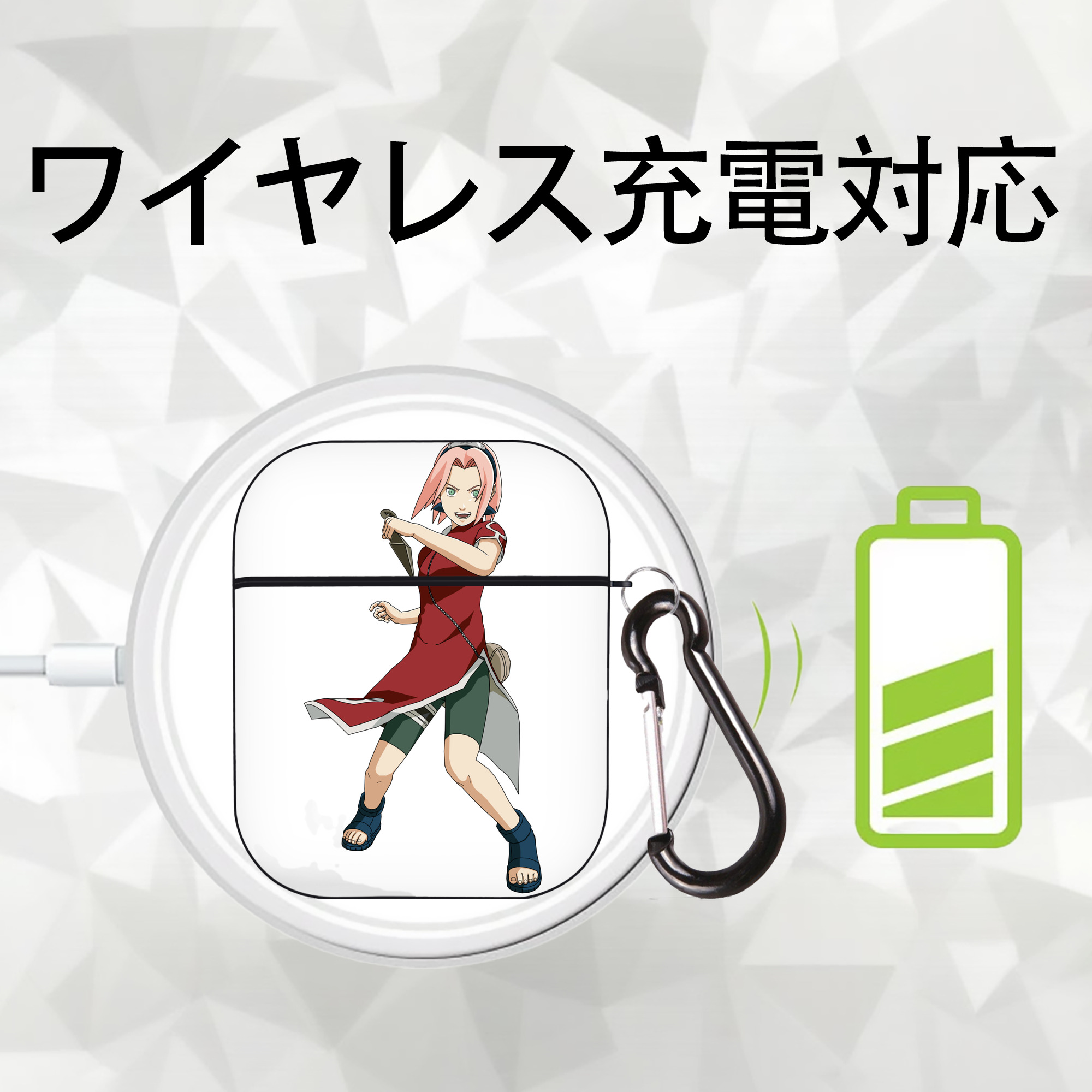 NARUTO -ナルト- 春野サクラ Haruno Sakura AirPods 第2世代保護ケース ハードシェル ブラック 耐衝撃・防指紋・カラビナ付き