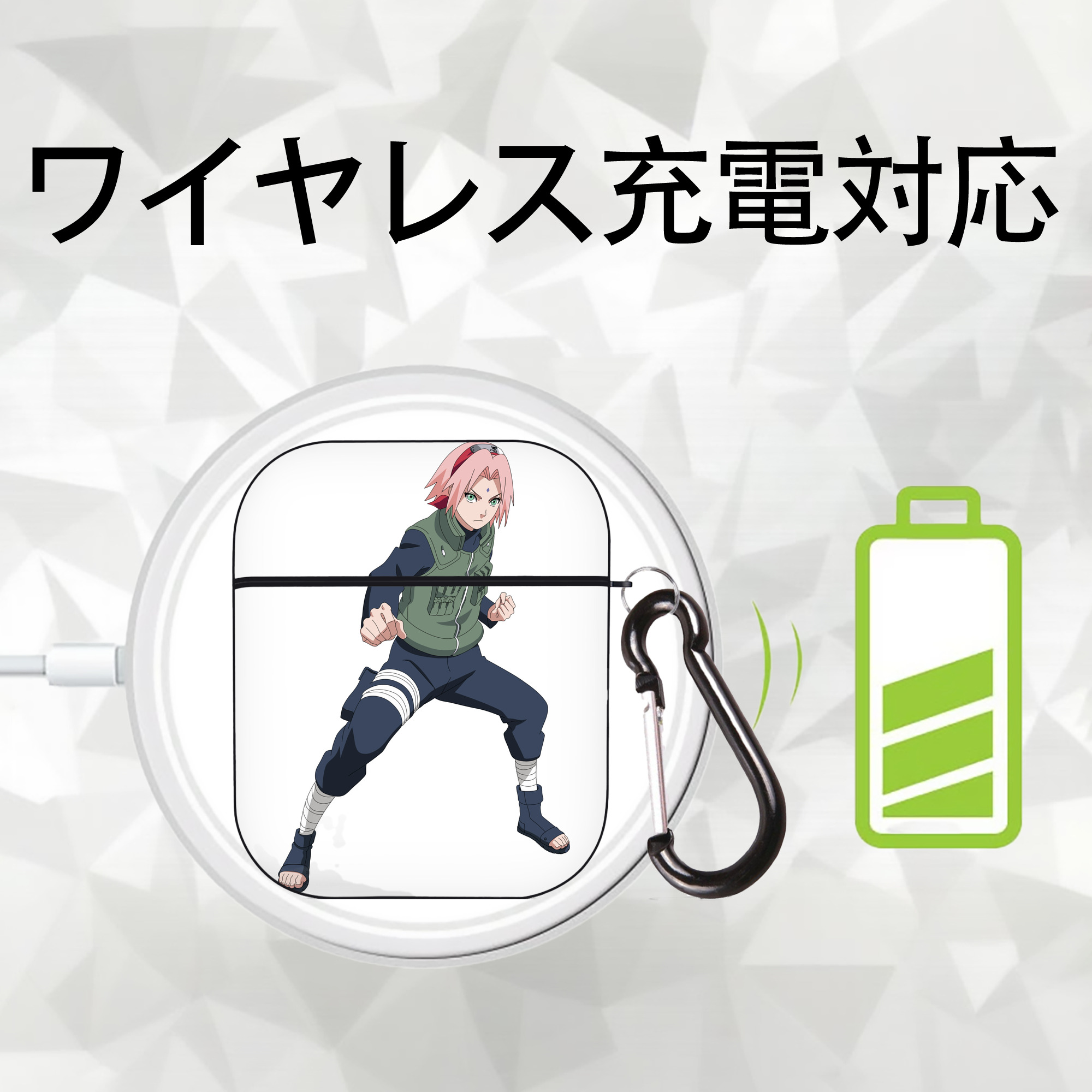 NARUTO -ナルト- 春野サクラ Haruno Sakura AirPods 第2世代保護ケース ハードシェル ブラック 耐衝撃・防指紋・カラビナ付き