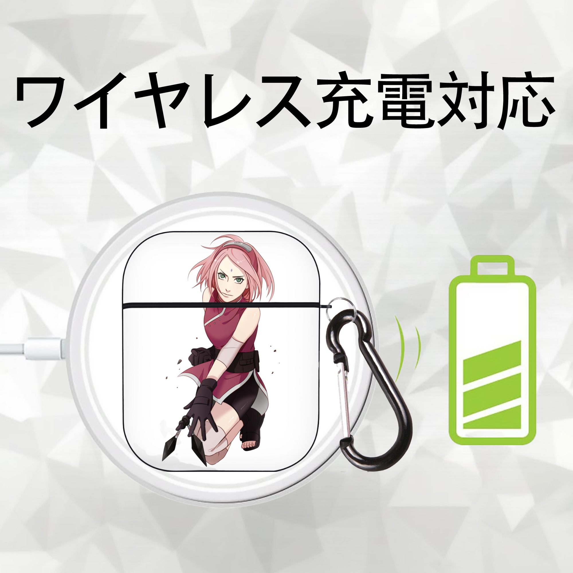 NARUTO -ナルト- 春野サクラ Haruno Sakura AirPods 第2世代保護ケース ハードシェル ブラック 耐衝撃・防指紋・カラビナ付き