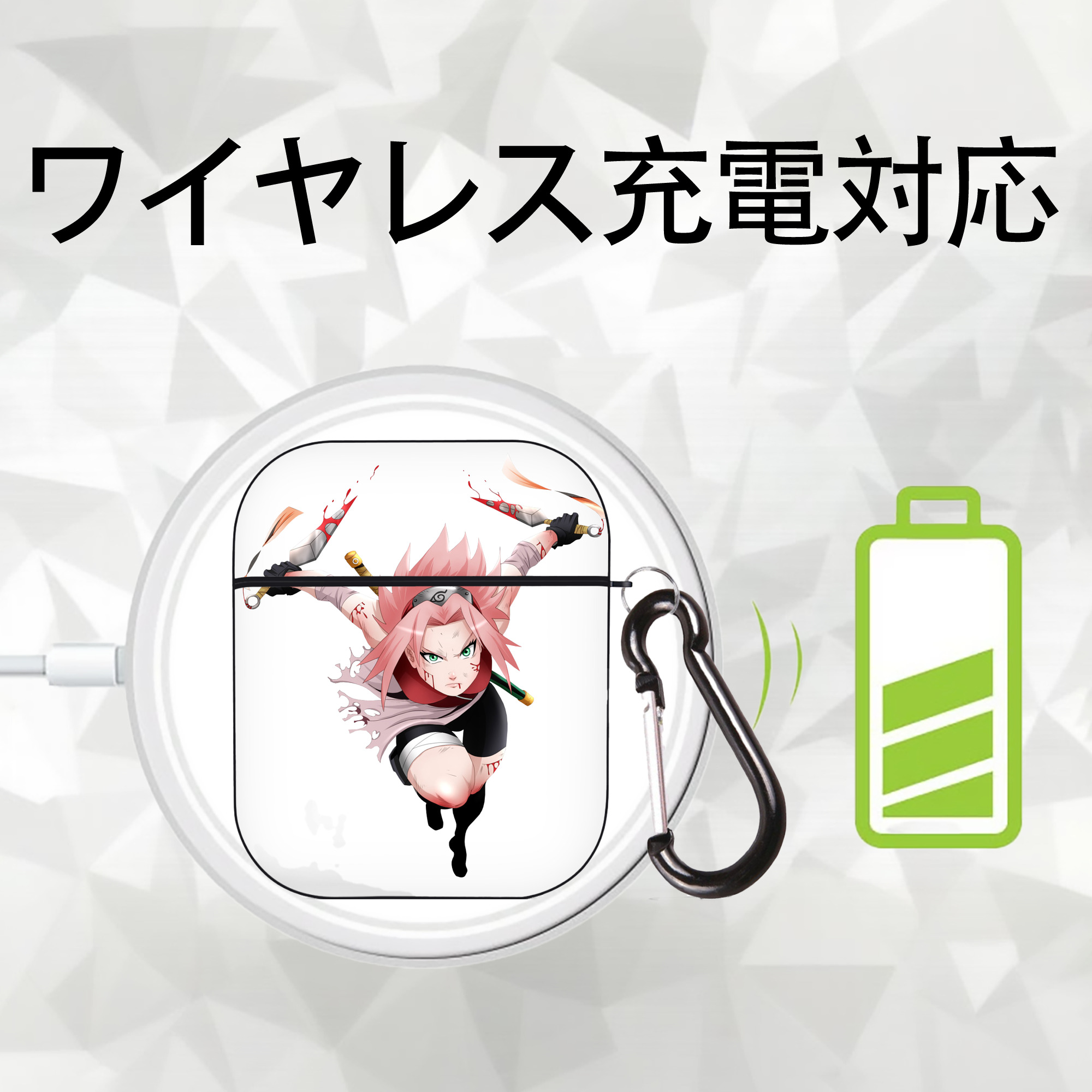 NARUTO -ナルト- 春野サクラ Haruno Sakura AirPods 第2世代保護ケース ハードシェル ブラック 耐衝撃・防指紋・カラビナ付き