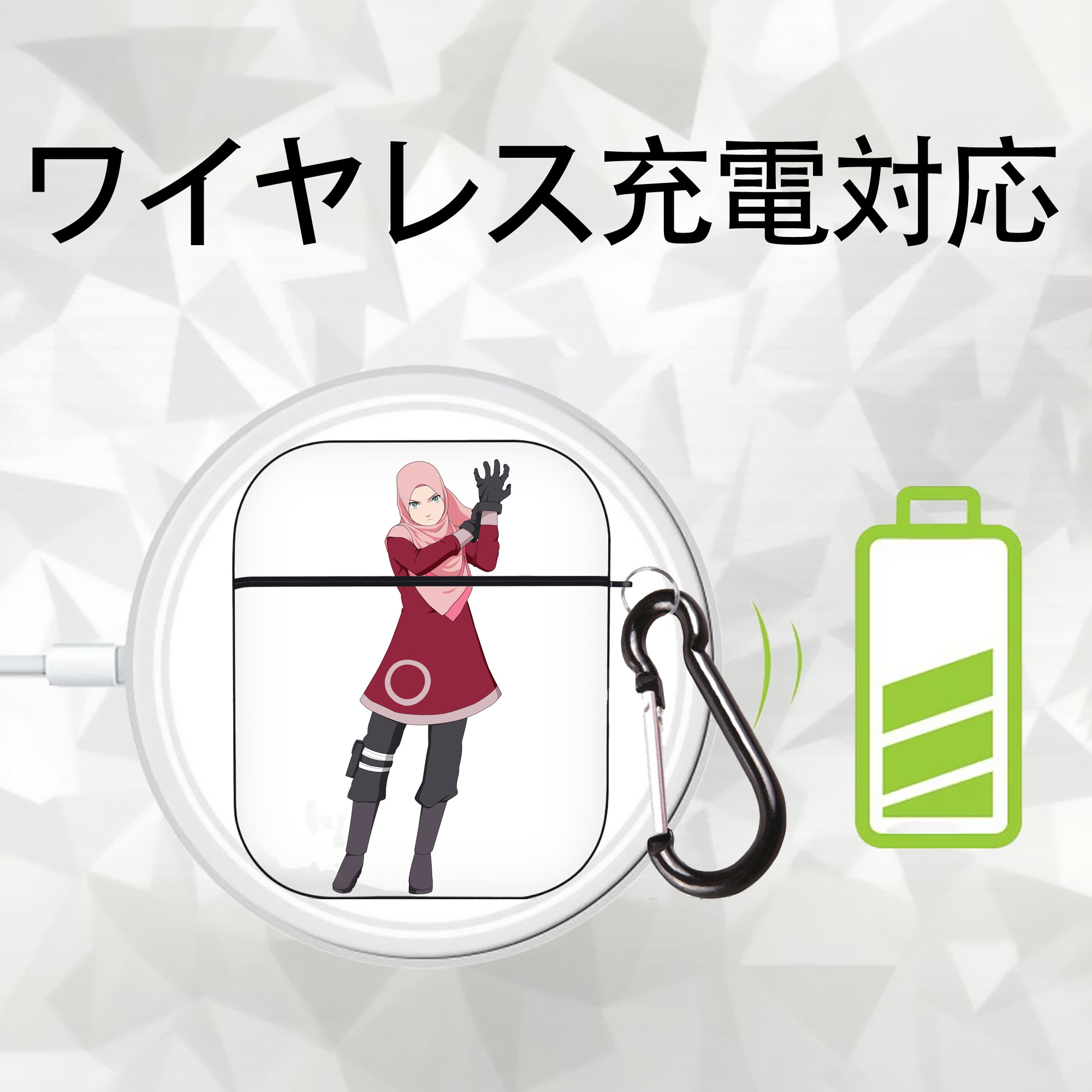 NARUTO -ナルト- 春野サクラ Haruno Sakura AirPods 第2世代保護ケース ハードシェル ブラック 耐衝撃・防指紋・カラビナ付き