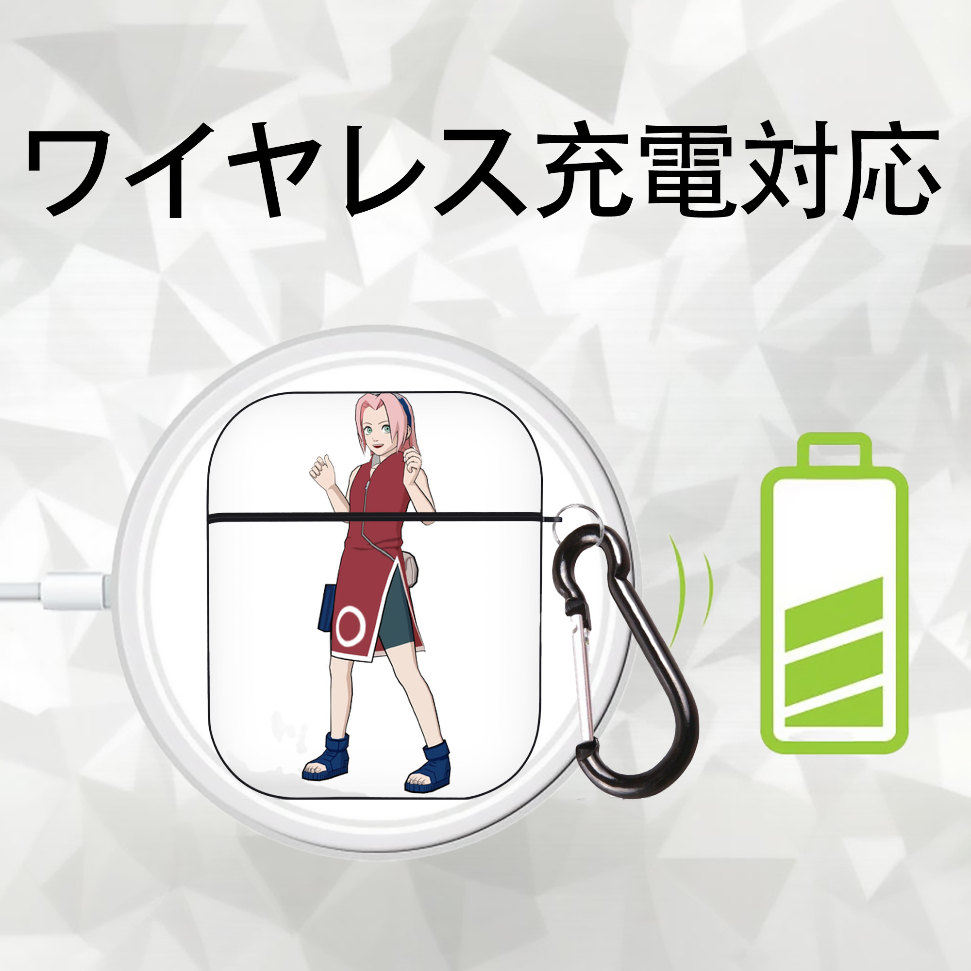 NARUTO -ナルト- 春野サクラ Haruno Sakura AirPods 第2世代保護ケース ハードシェル ブラック 耐衝撃・防指紋・カラビナ付き