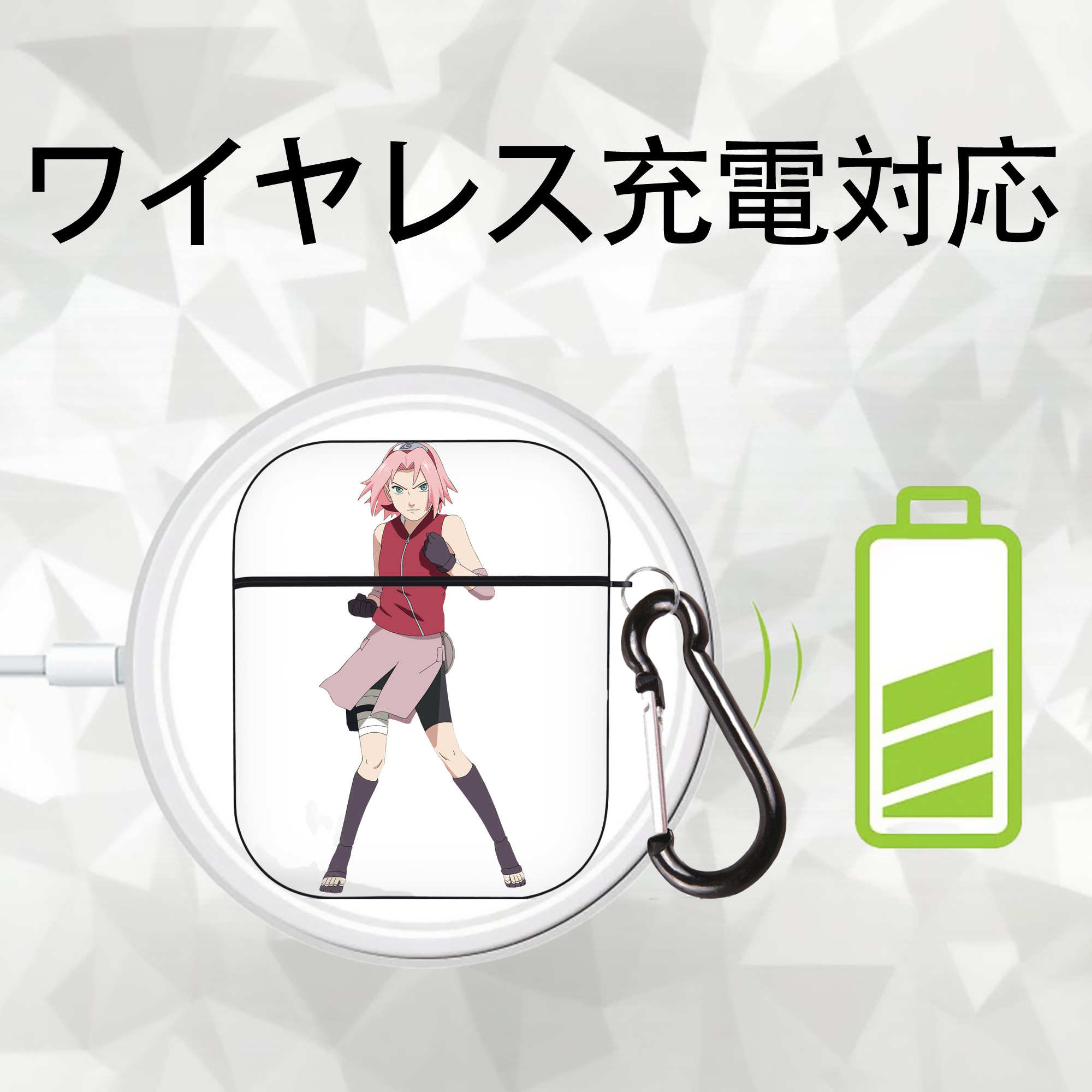 NARUTO -ナルト- 春野サクラ Haruno Sakura AirPods 第2世代保護ケース ハードシェル ブラック 耐衝撃・防指紋・カラビナ付き