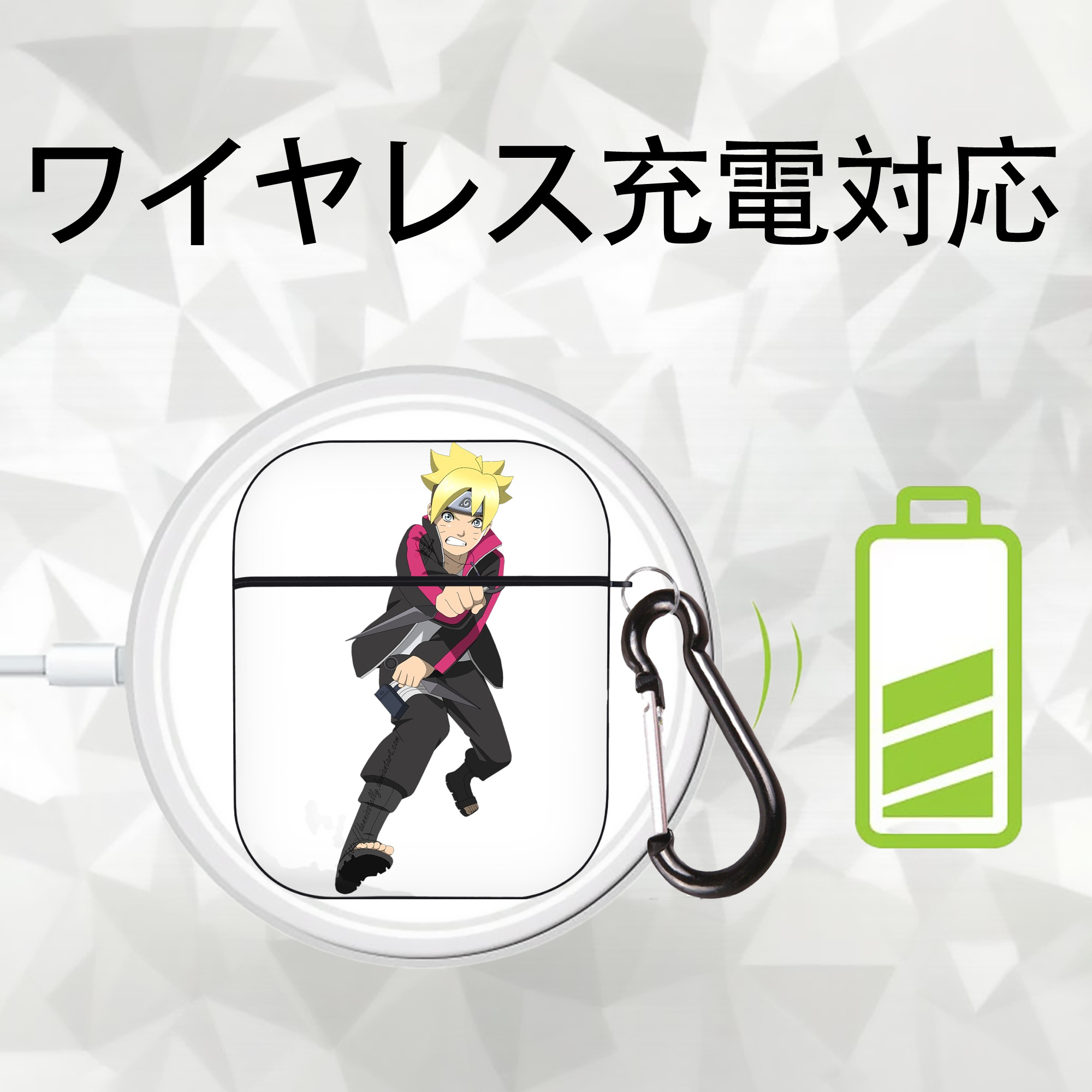 NARUTO -ナルト- うずまき ボルト Uzumaki Boruto AirPods 第2世代保護ケース ハードシェル ブラック 耐衝撃・防指紋・カラビナ付き