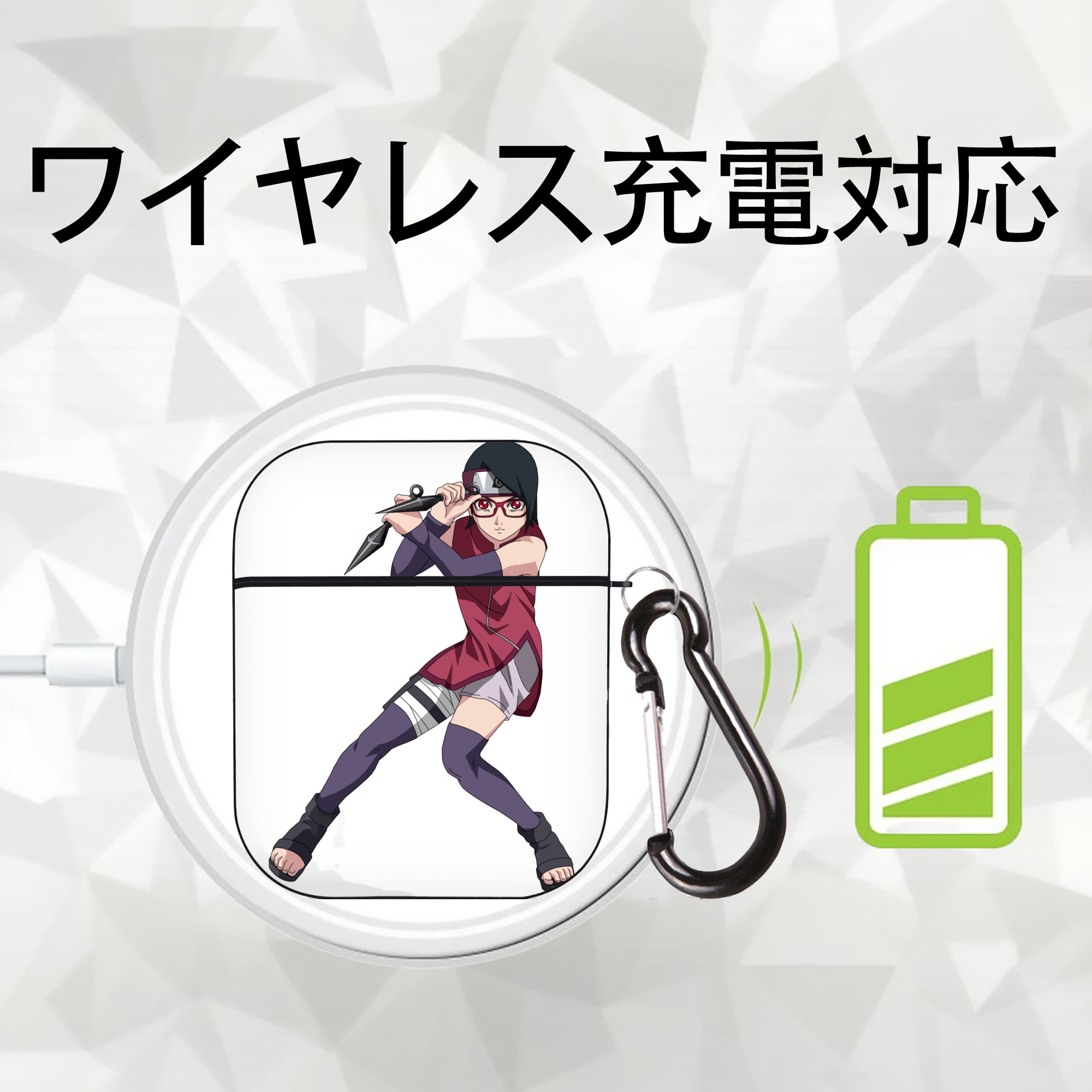 NARUTO -ナルト- うちは サラダ Uchiha Sarada AirPods 第2世代保護ケース ハードシェル ブラック 耐衝撃・防指紋・カラビナ付き