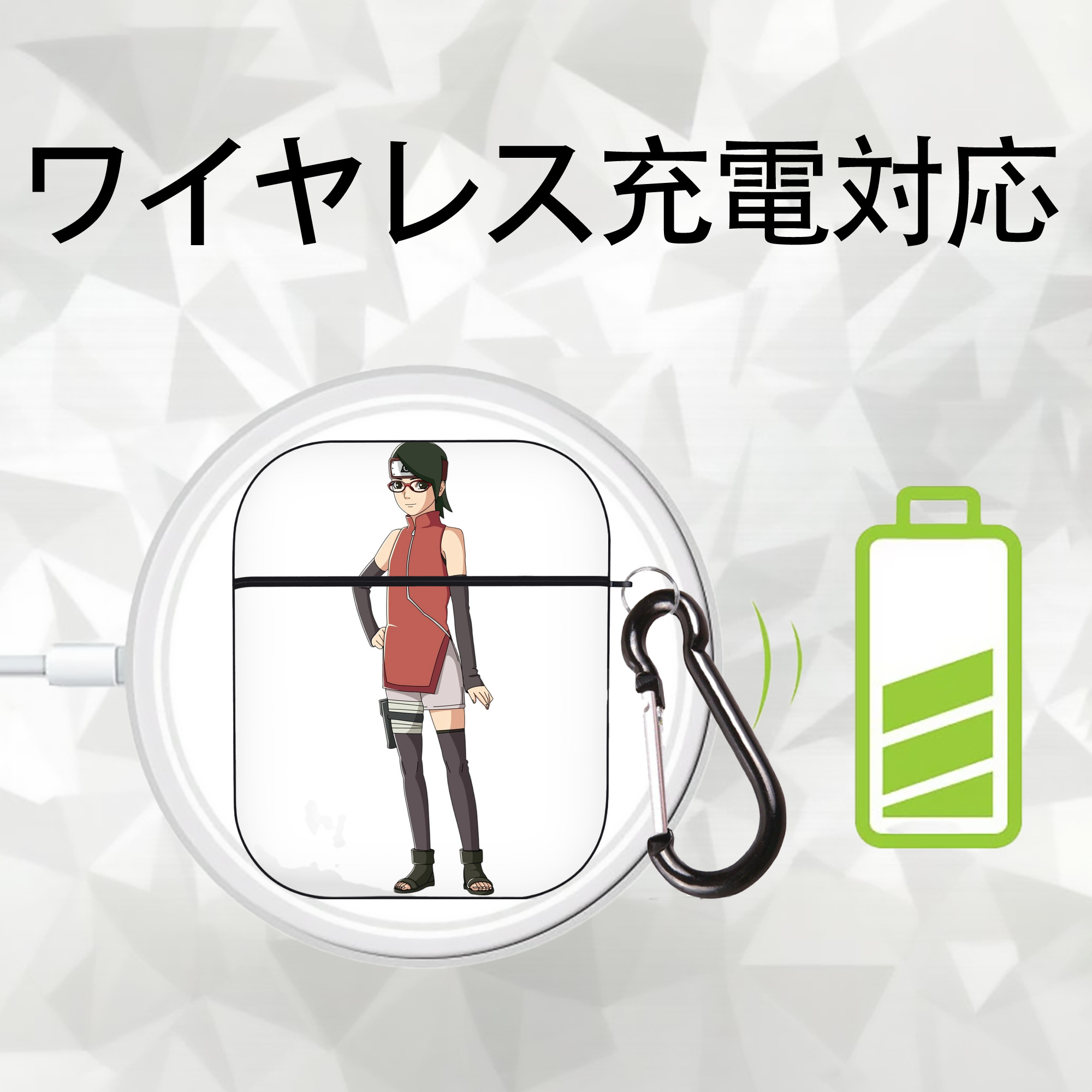NARUTO -ナルト- うちは サラダ Uchiha Sarada AirPods 第2世代保護ケース ハードシェル ブラック 耐衝撃・防指紋・カラビナ付き