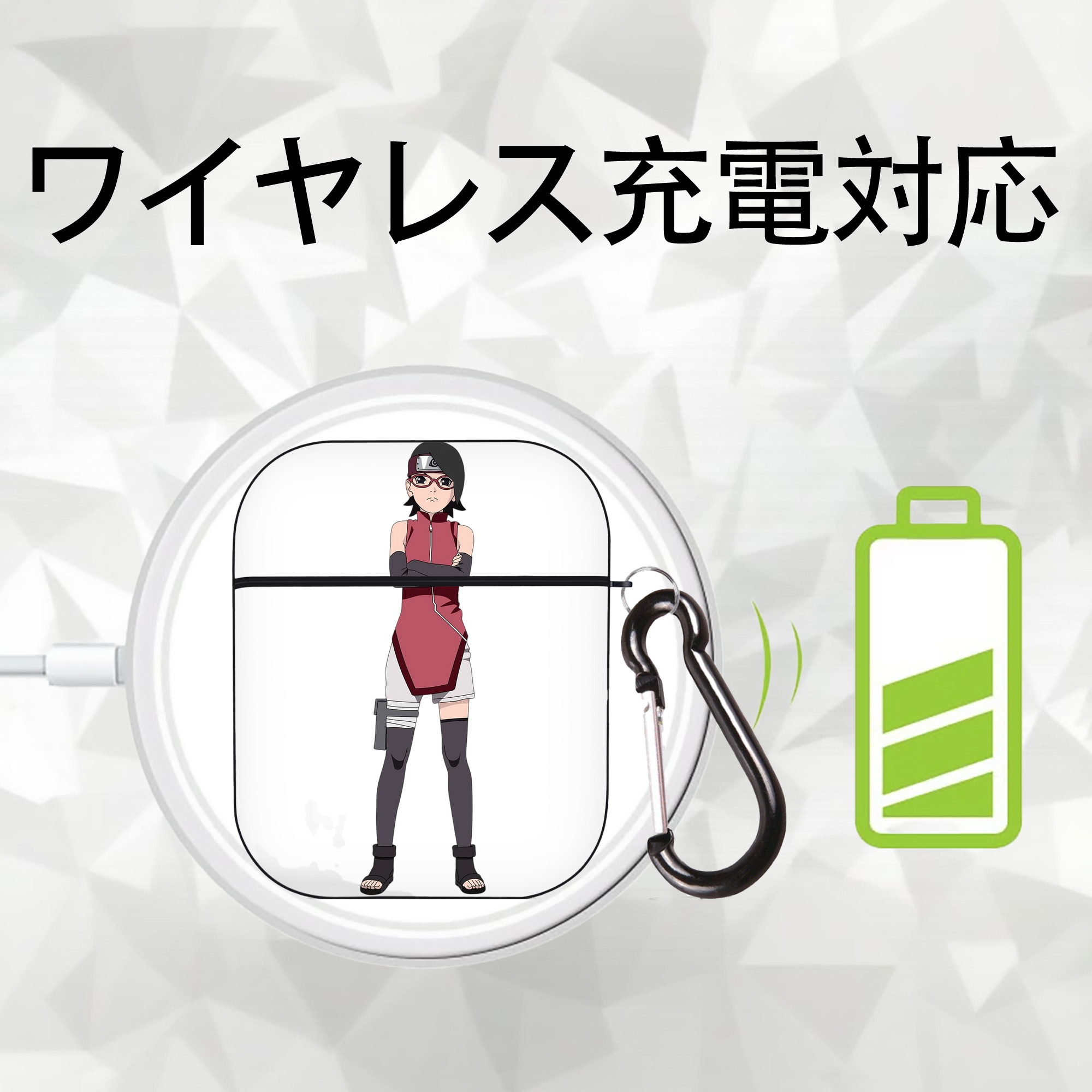 NARUTO -ナルト- うちは サラダ Uchiha Sarada AirPods 第2世代保護ケース ハードシェル ブラック 耐衝撃・防指紋・カラビナ付き