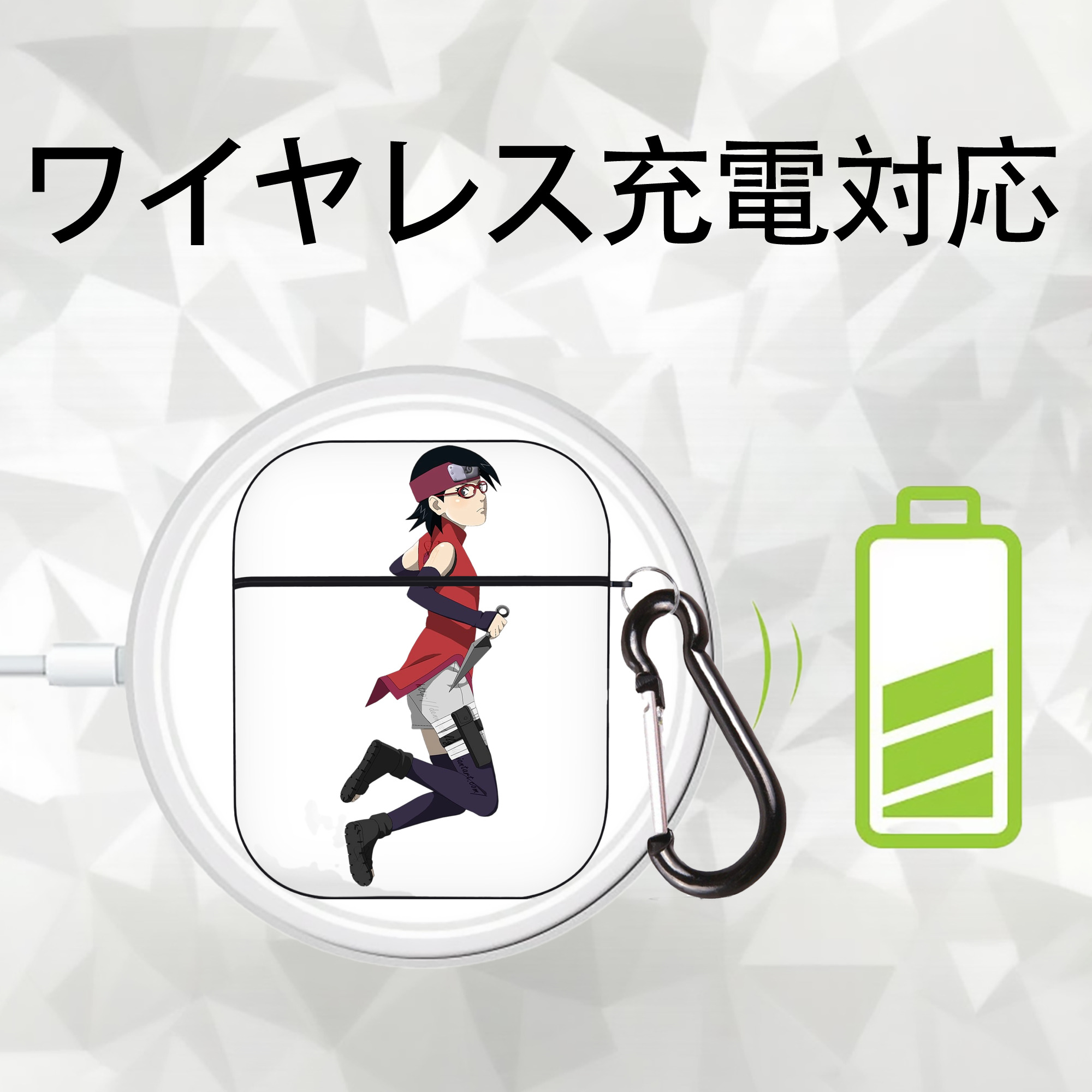 NARUTO -ナルト- うちは サラダ Uchiha Sarada AirPods 第2世代保護ケース ハードシェル ブラック 耐衝撃・防指紋・カラビナ付き