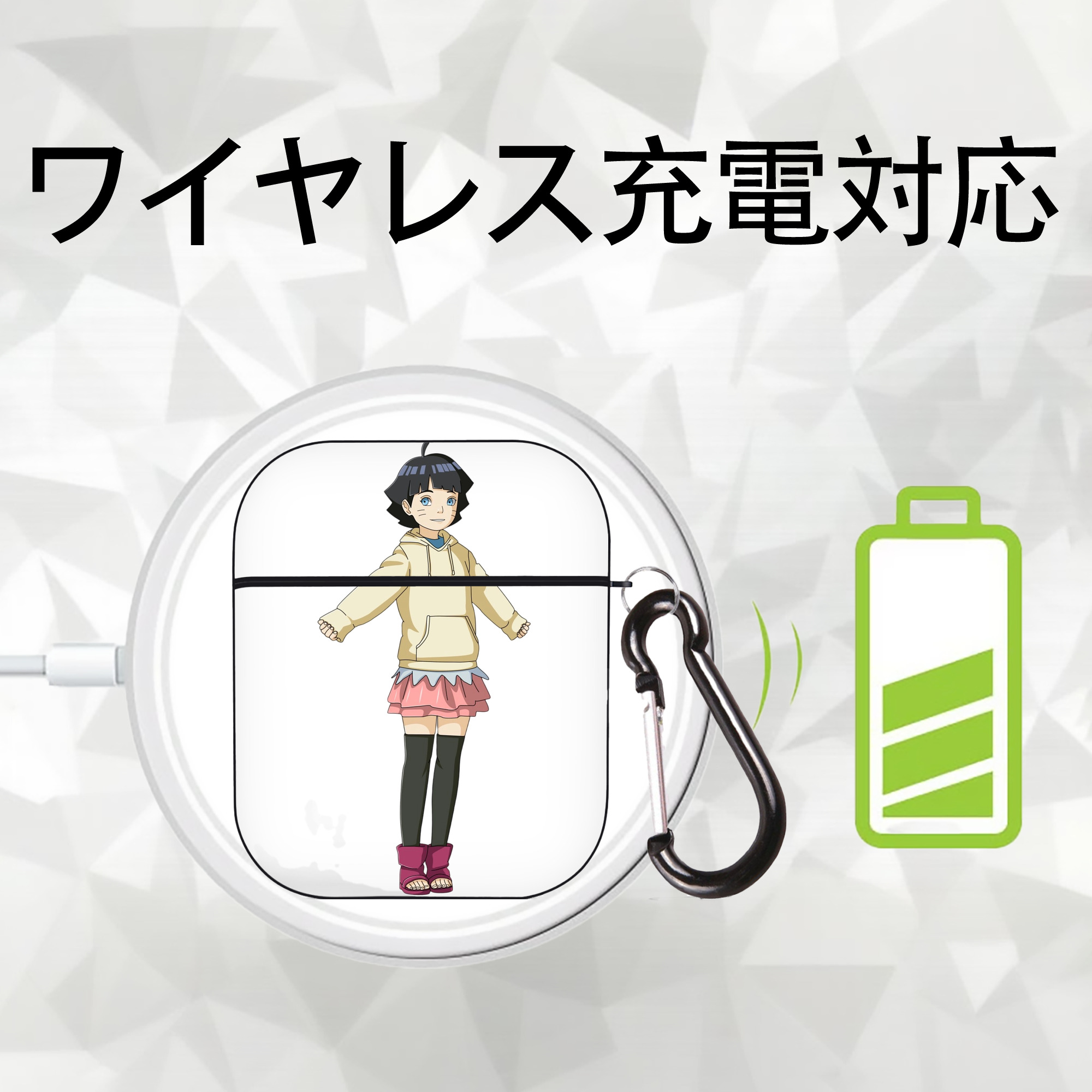 NARUTO -ナルト- うずまき ヒマワリ Uzumaki Himawari AirPods 第2世代保護ケース ハードシェル ブラック 耐衝撃・防指紋・カラビナ付き