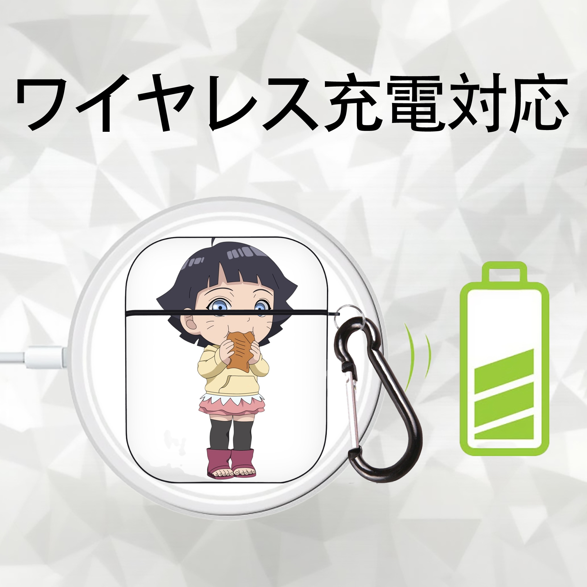 NARUTO -ナルト- うずまき ヒマワリ Uzumaki Himawari AirPods 第2世代保護ケース ハードシェル ブラック 耐衝撃・防指紋・カラビナ付き